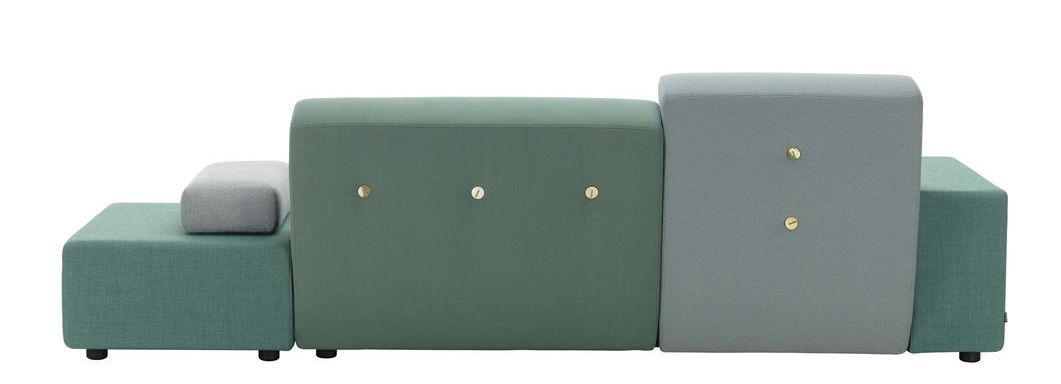 Vitra Polder Sofa mit grünen und grauen Polsterelementen und Knopfdetails, modernes modulares Wohnzimmermöbel.