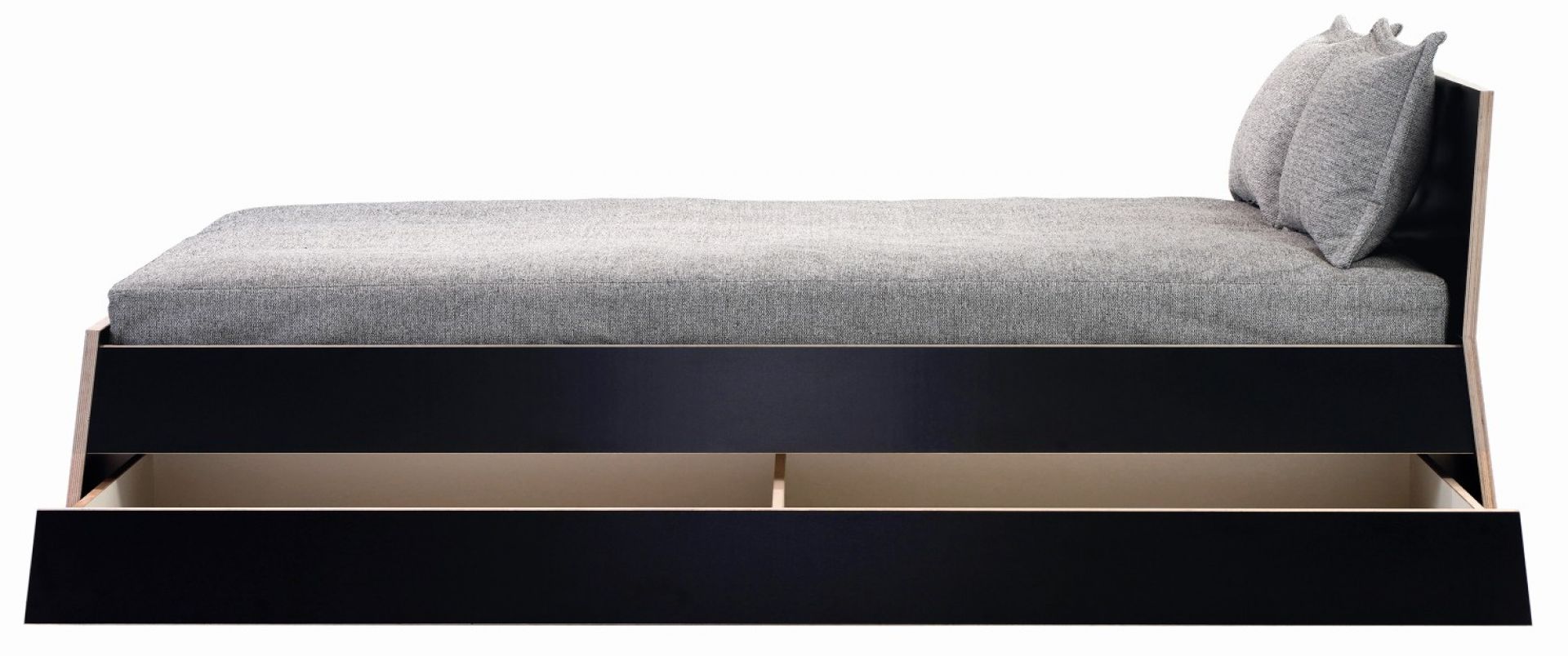 Bettkasten Schublade für Stockholm Bett von Richard Lampert, schwarzes Holz, Stauraum für Schlafzimmer.