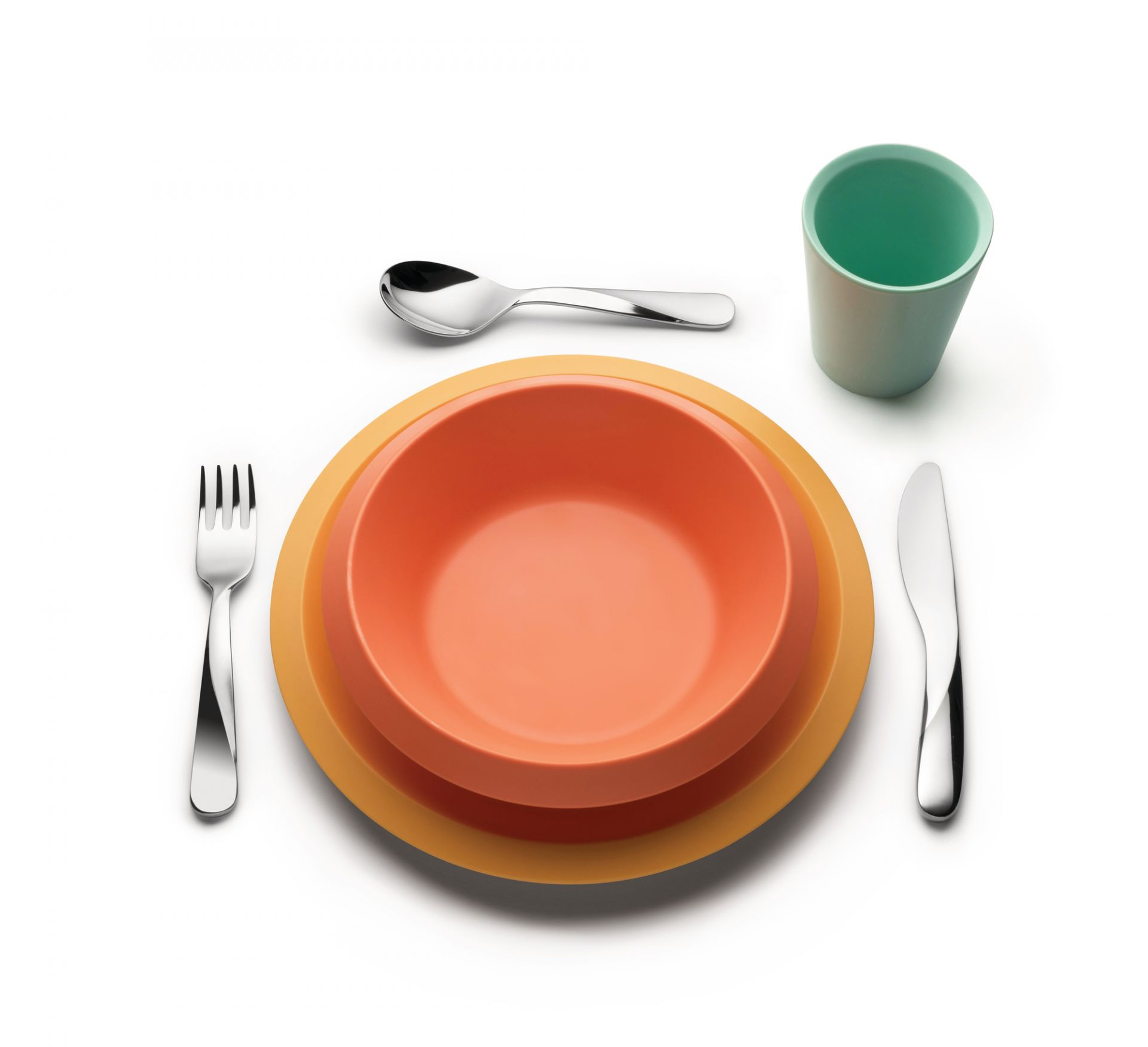 Alessi Kindergeschirr Set: Teller, Schüssel, Becher und Besteck für Babys und Kleinkinder.