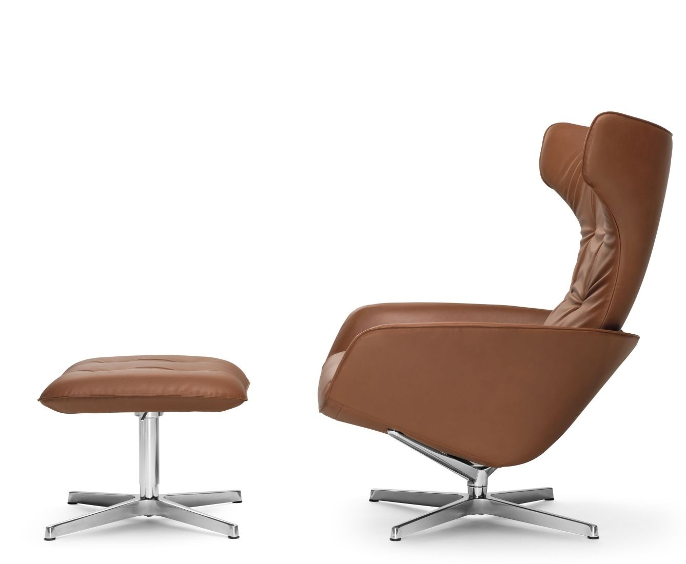 Onsa Hocker von Walter Knoll, brauner Lederhocker mit Fußhocker und silbernem Fußkreuz.