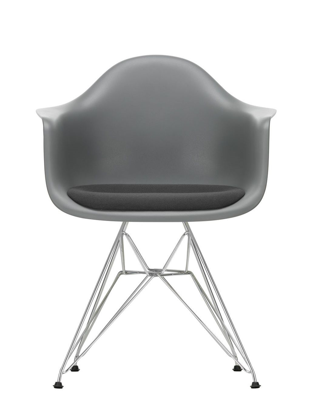 Grauer Eames Plastic Arm Chair DAR Stuhl von Vitra mit Sitzpolster und verchromtem Drahtgestell.