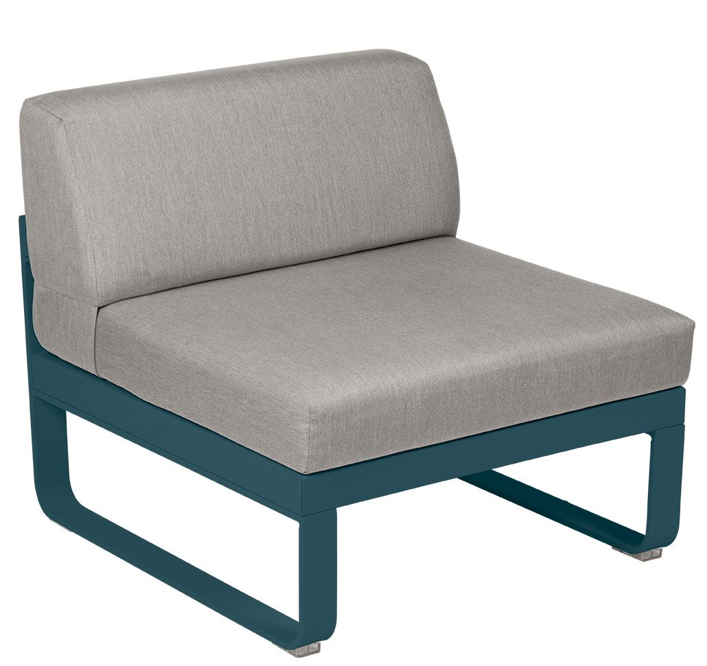 Bellevie Fermob Outdoor Sofa Mitte Modul 1-Sitzer, grauer Stoffbezug, petrolfarbenes Metallgestell, moderne Gartenmöbel.