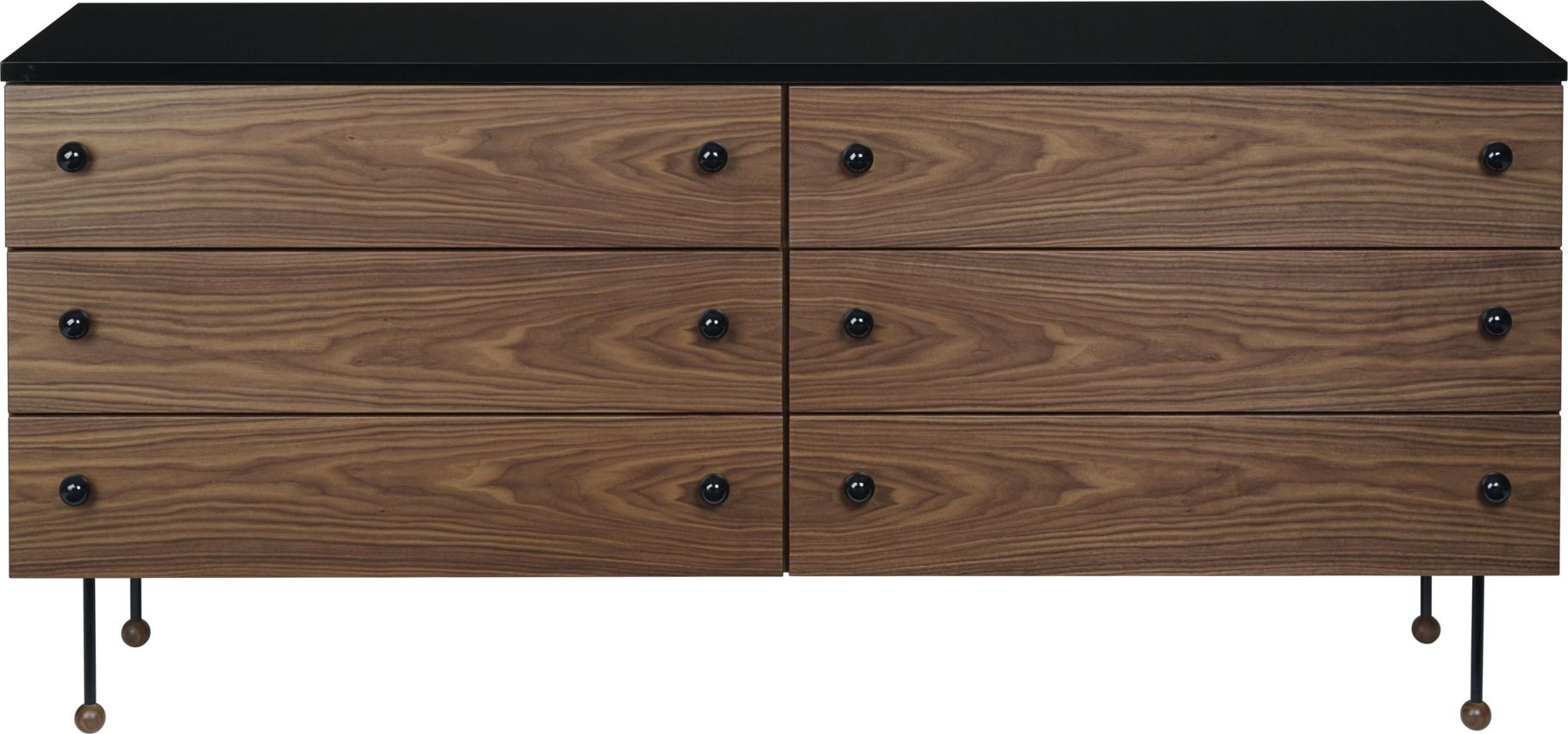 Gubi Sideboard 62 aus Nussbaumholz mit sechs Schubladen und schwarzer Platte. Designmöbel für Wohnzimmer.