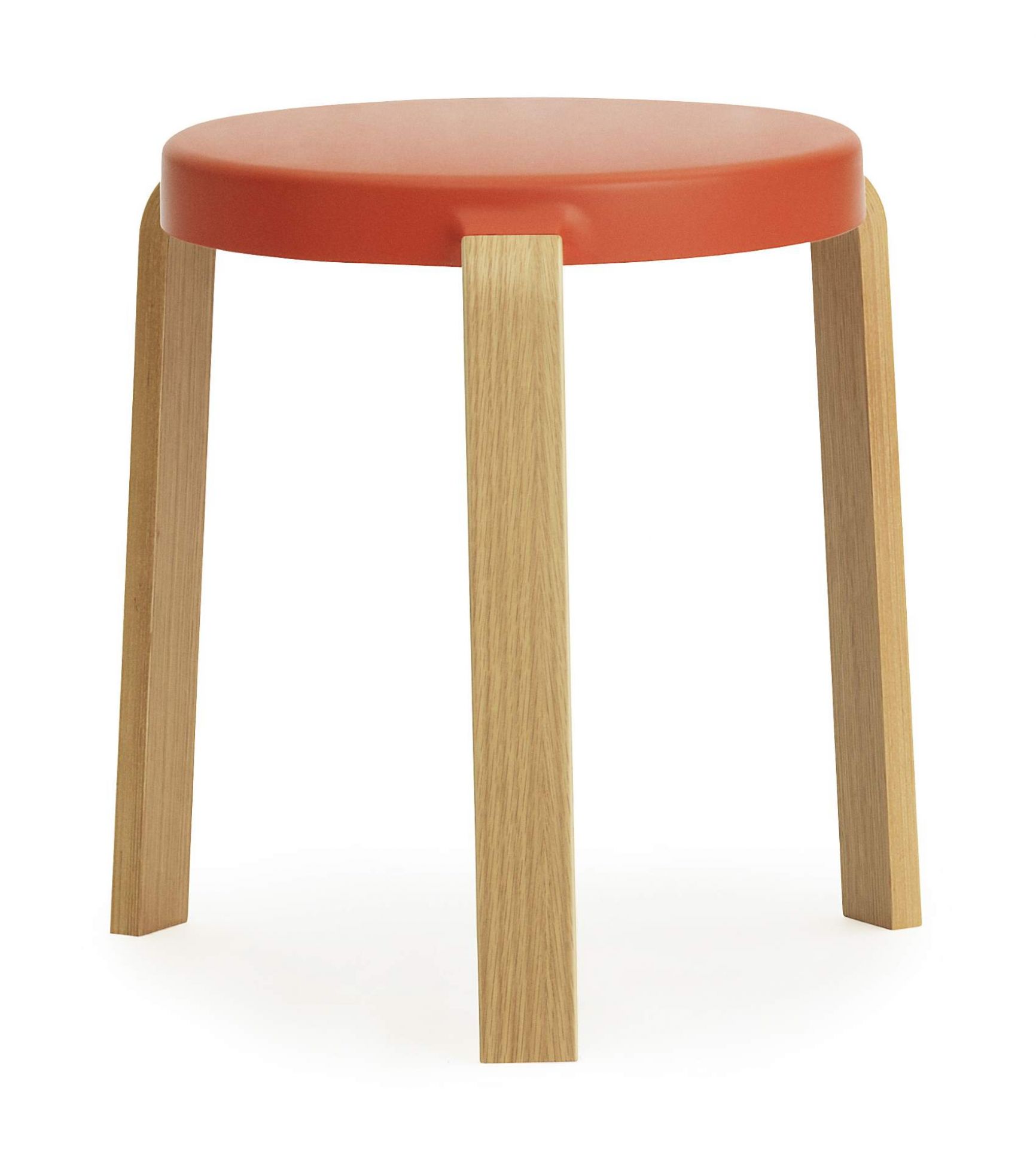 Tap Hocker von Normann Copenhagen, orangefarbene Sitzfläche und helle Holzbeine, minimalistisches Design für moderne Wohnräume.