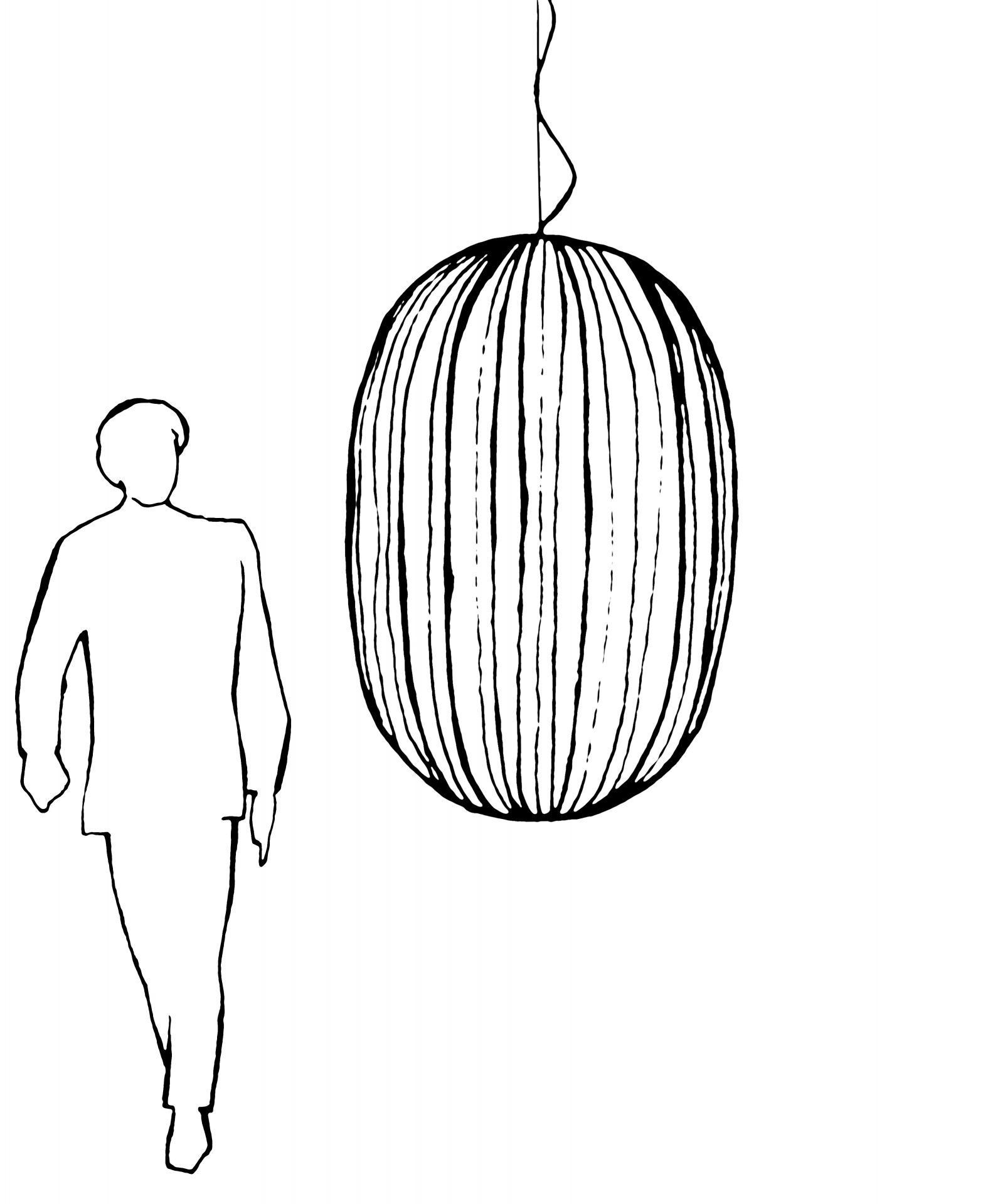 Skizze einer großen, ovalen PLASS Hängeleuchte von Foscarini neben einer Person zur Größenanzeige.