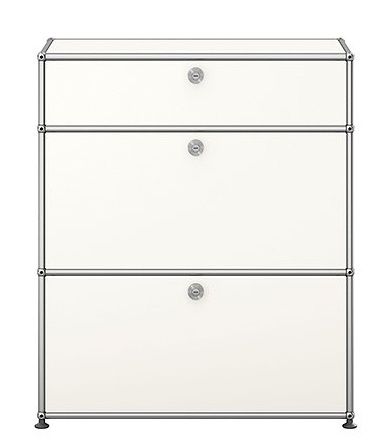 Weißes USM Haller Highboard mit zwei Klappen und verchromtem Gestell für stilvolle Büroeinrichtung.