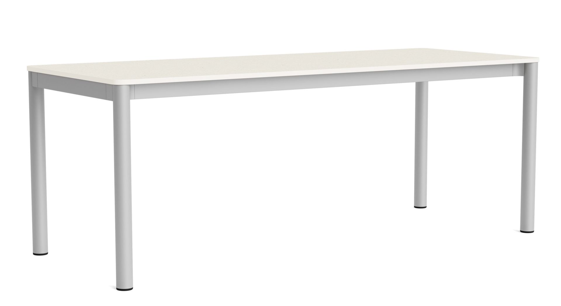 Annex Table von Hay: Moderner Esstisch mit heller Tischplatte und silberfarbenem Metallgestell.
