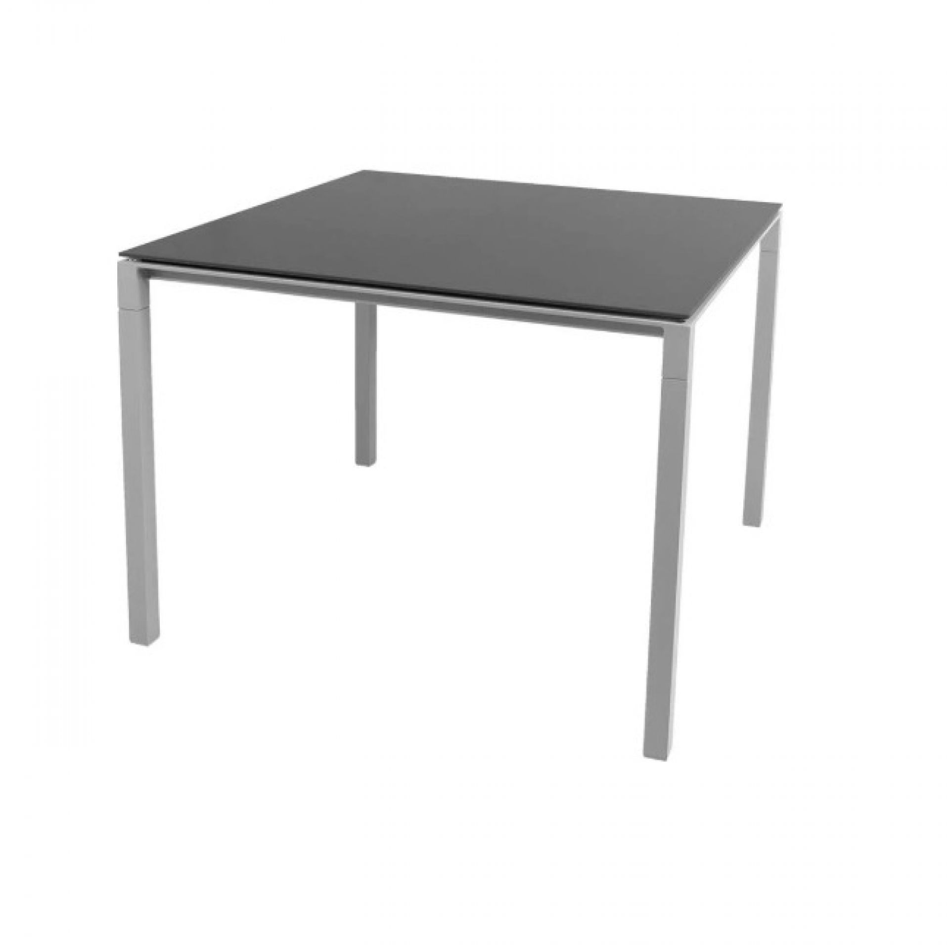 Pure Outdoor Esstisch mit hellgrauem Cane-Line Gestell und schwarzer Tischplatte, quadratisch.
