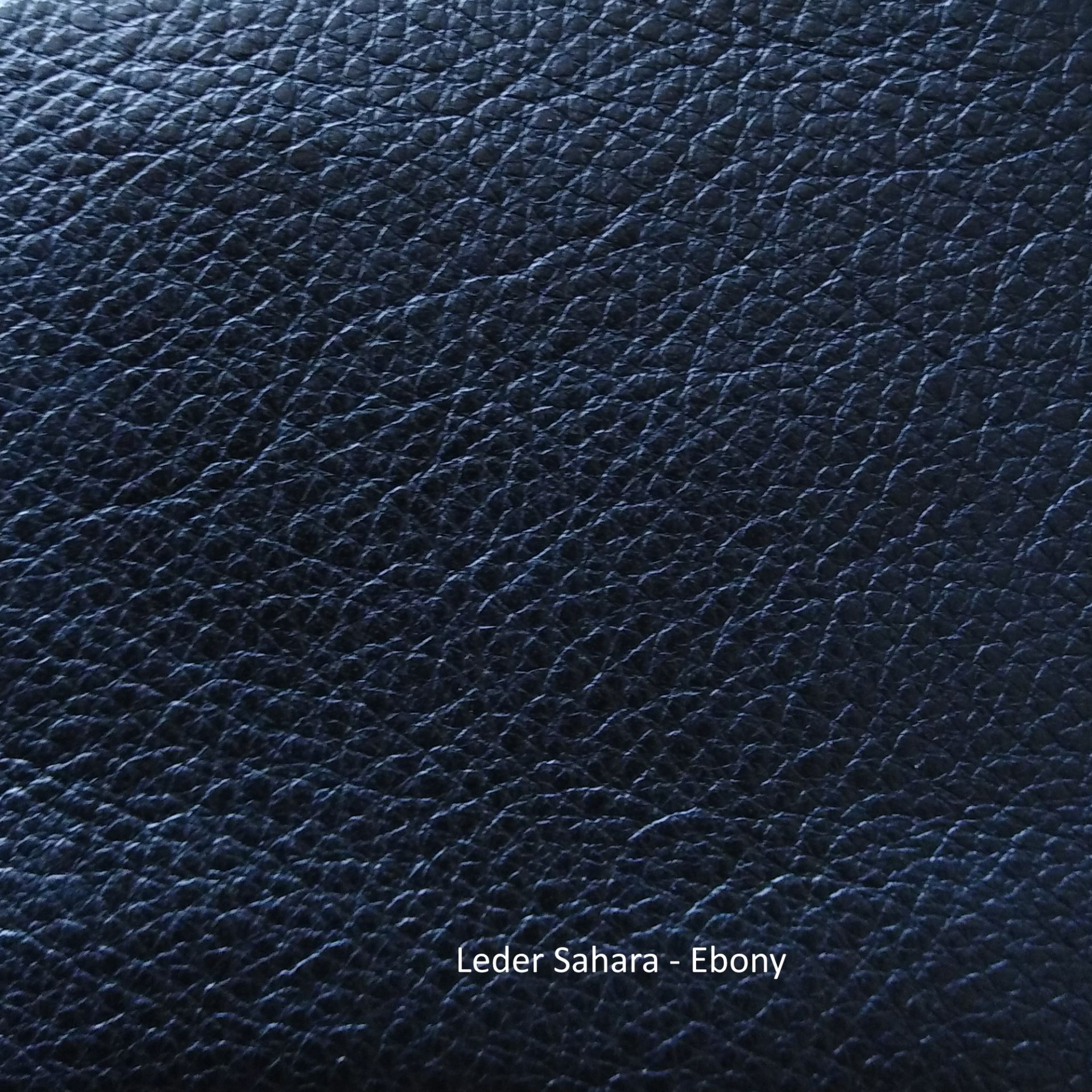 Detailaufnahme der Ledermusterkarte "Sahara" von Freifrau Manufaktur, dunkelblaues Echtleder mit feiner Narbung.