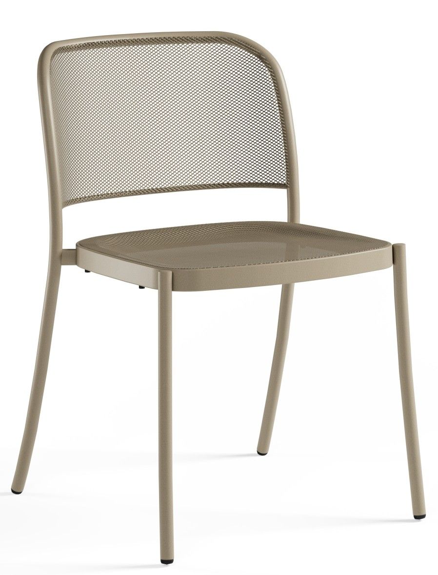 Café Chair Stuhl von Emu für den Außenbereich, Metall, beige, modernes Design mit filigranem Netzmuster.
