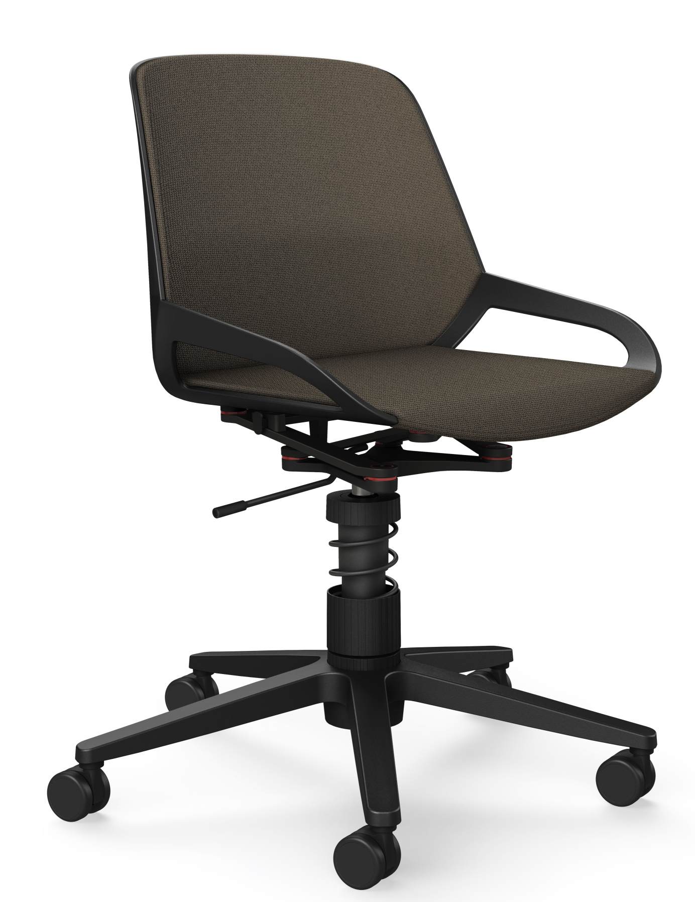 Numo Task Bürodrehstuhl von Aeris mit braunem Stoffbezug, Federbein und schwarzen Rollen für ergonomisches Sitzen.
