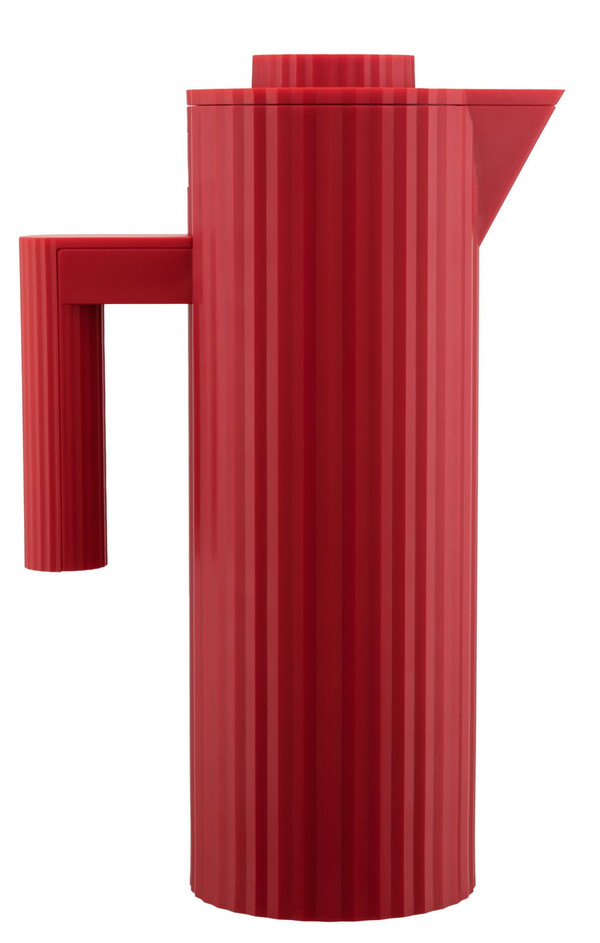 Rote Alessi Isolierkanne MDL12 mit Plissee-Design, ideal für Tee, Kaffee und andere Heißgetränke.