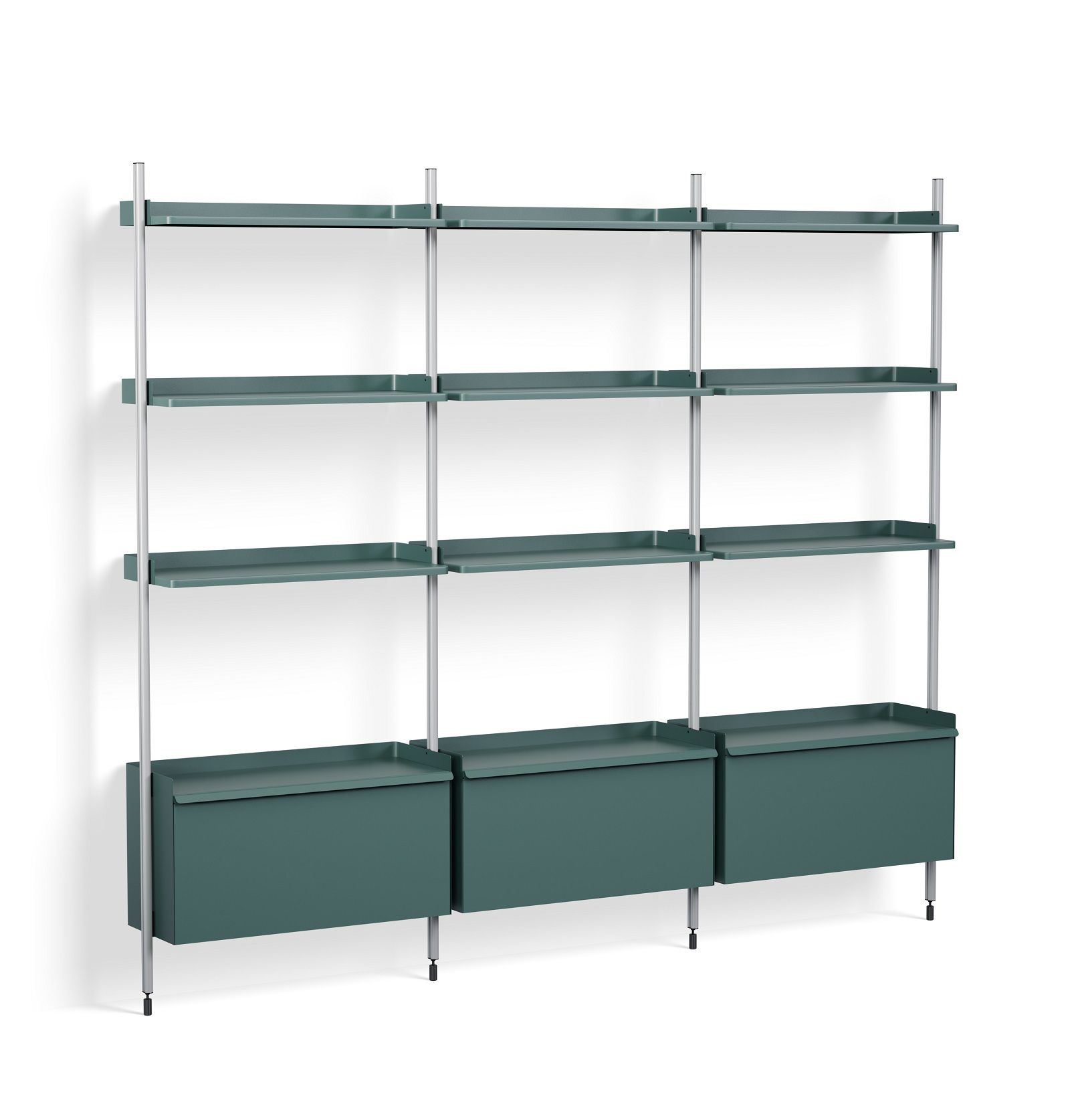 Hay Pier System Regal mit drei Säulen in Stahlblau und Aluminium.