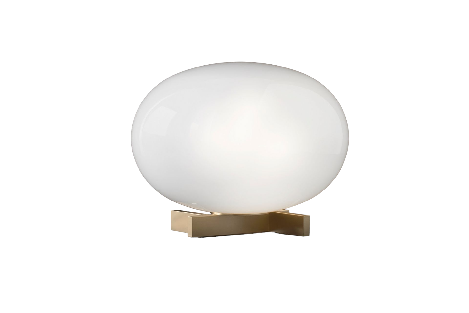 Alba Tischleuchte von Oluce: Moderne Tischlampe mit weißem Glas-Schirm und goldenem Fuß.