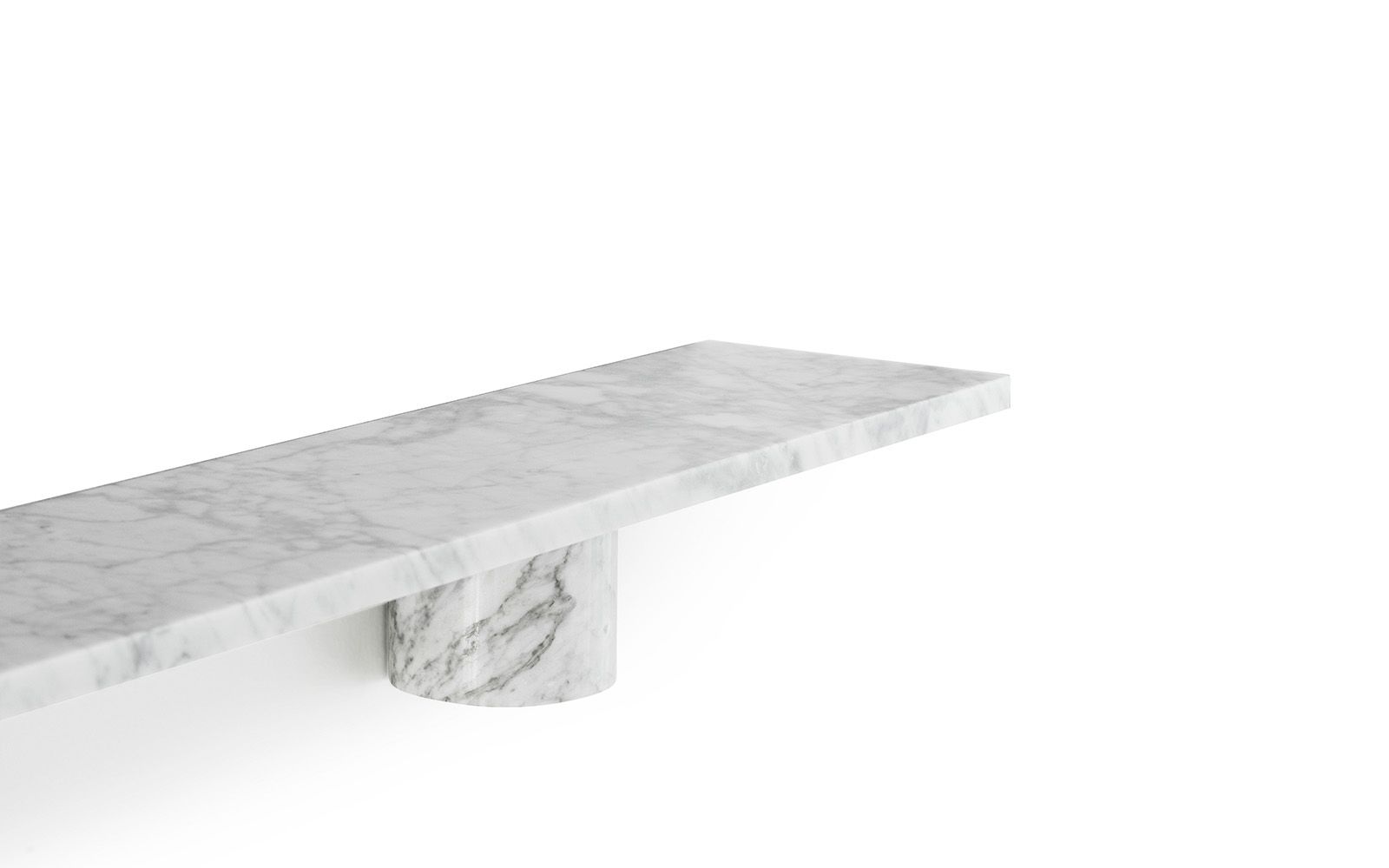 Nahaufnahme des Sten Regal von Normann Copenhagen, Marmor Wandregal mit zylindrischer Halterung.