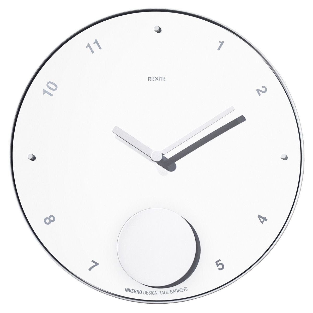 Weiße Appuntamento Wanduhr von Rexite mit minimalistischem Design und silbernen Zeigern für moderne Wohnraumgestaltung.