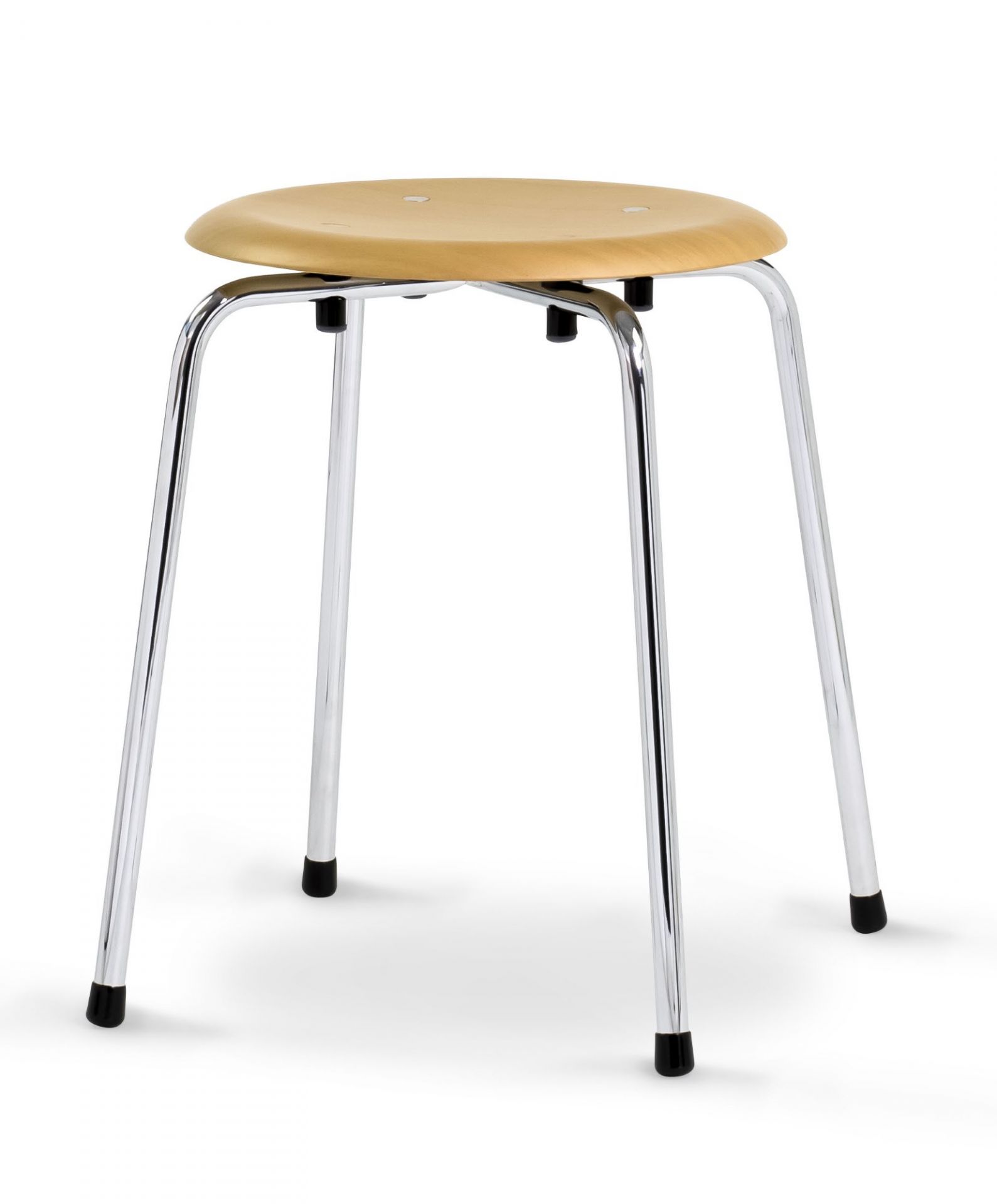 S 38 Hocker von Wilde+Spieth: Holz-Sitzfläche und verchromtes Stahlrohr-Gestell, zeitloses Design.