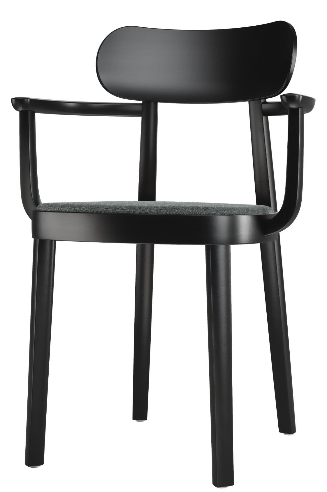 Schwarzer Holzstuhl mit Armlehnen, Modell 118 SPF Thonet, mit grauem Sitzpolster.
