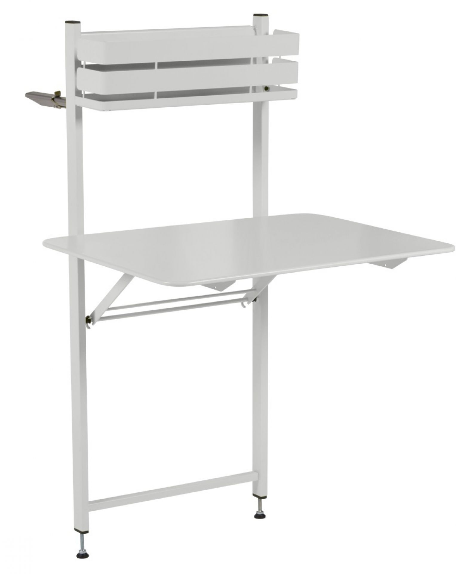 Weißer, klappbarer Bistro Balkontisch von Fermob für kleine Outdoor Bereiche. Praktischer Hängetisch.
