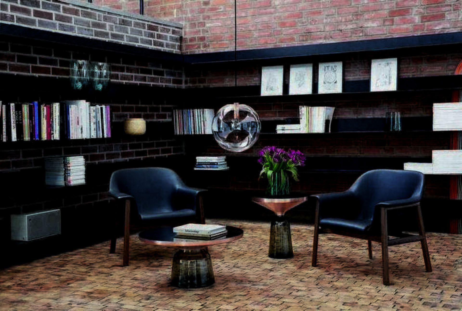 Bell Coffee Table Couchtisch Special Edition Kupfer ClassiCon in einem stilvollen Wohnzimmer mit Sesseln.