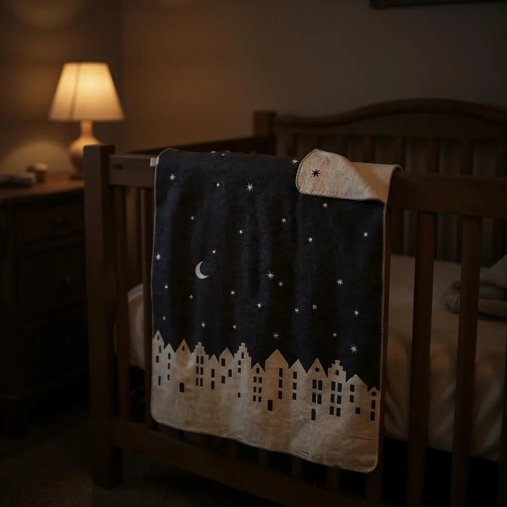 Decke Gross Winterstadt Räder im Kinderbett: Kuschelige Babydecke mit Sternen, Mond und Häuser-Motiv.