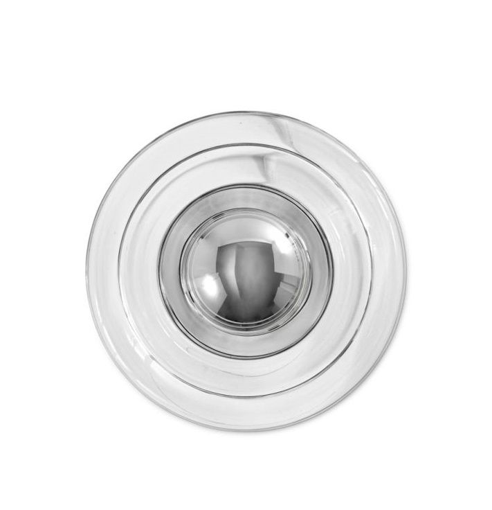 Nahaufnahme der runden Tom Dixon Press Surface Mini LED Wandleuchte aus klarem Glas.