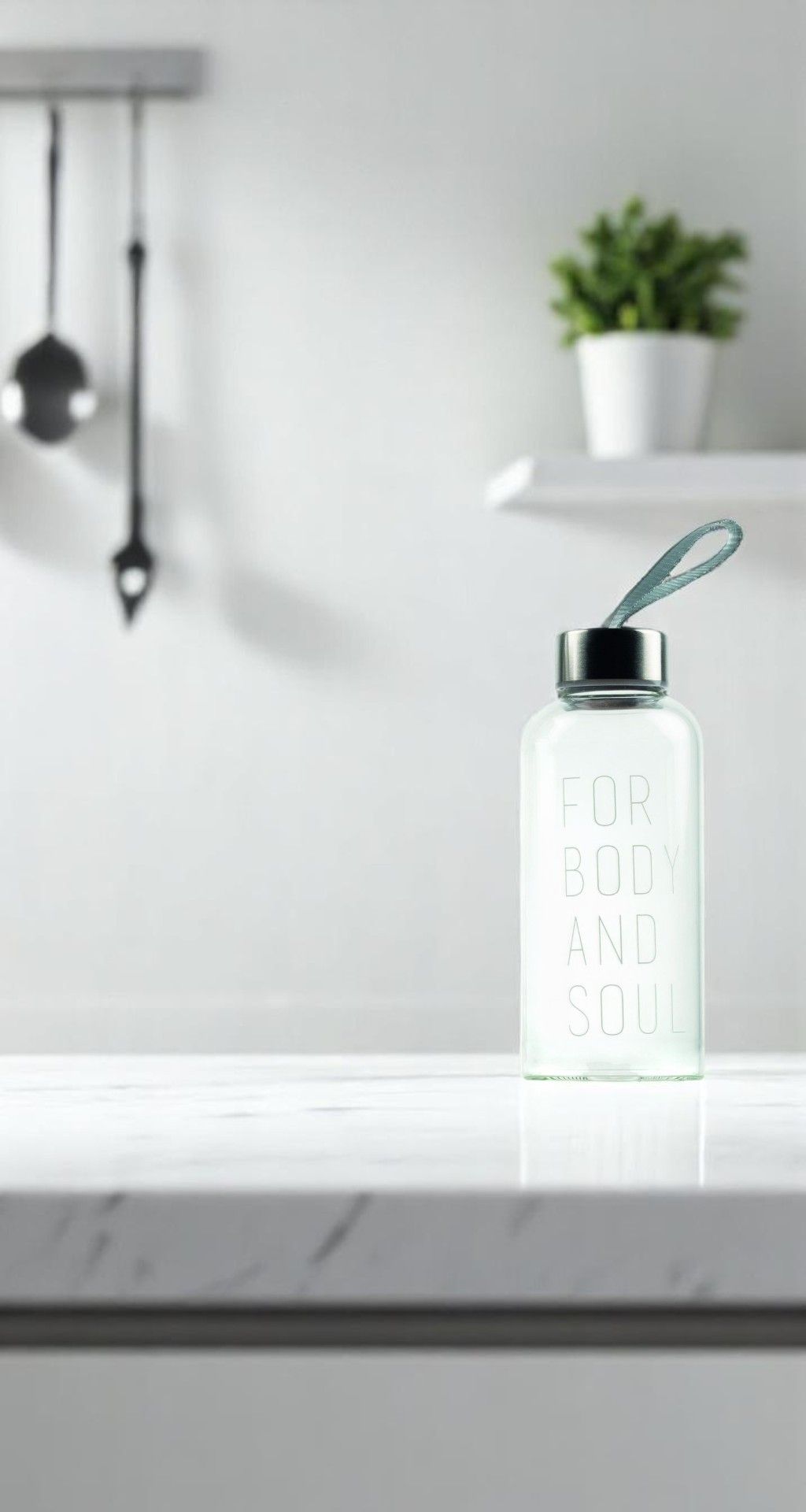 Balance Flasche "For body and soul" von Räder, 450ml, Glasflasche mit Schriftzug und Trageschlaufe.