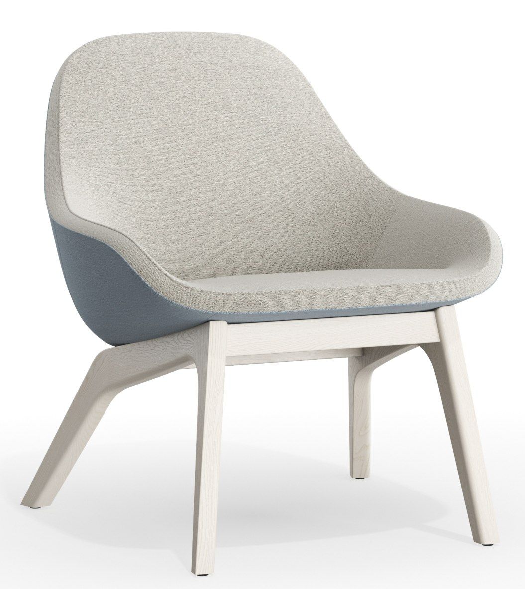 Morph Lounge Chair Sessel: Moderner Polstersessel mit hellgrauem Stoffbezug und hellblauem Akzent auf hellem Holzgestell.