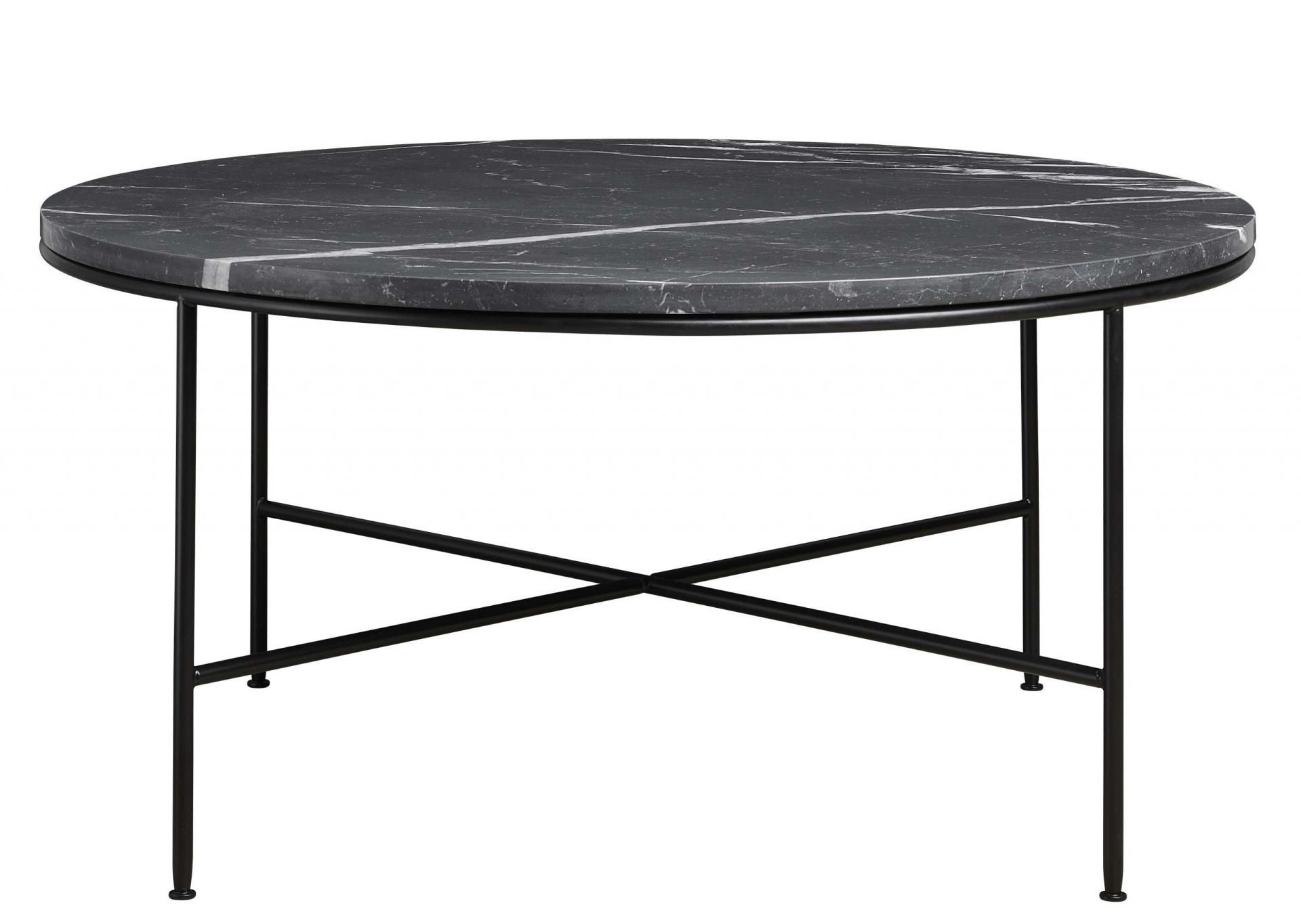 Fritz Hansen Planner Couchtisch mit runder, grauer Marmorplatte und schwarzem Metallgestell.