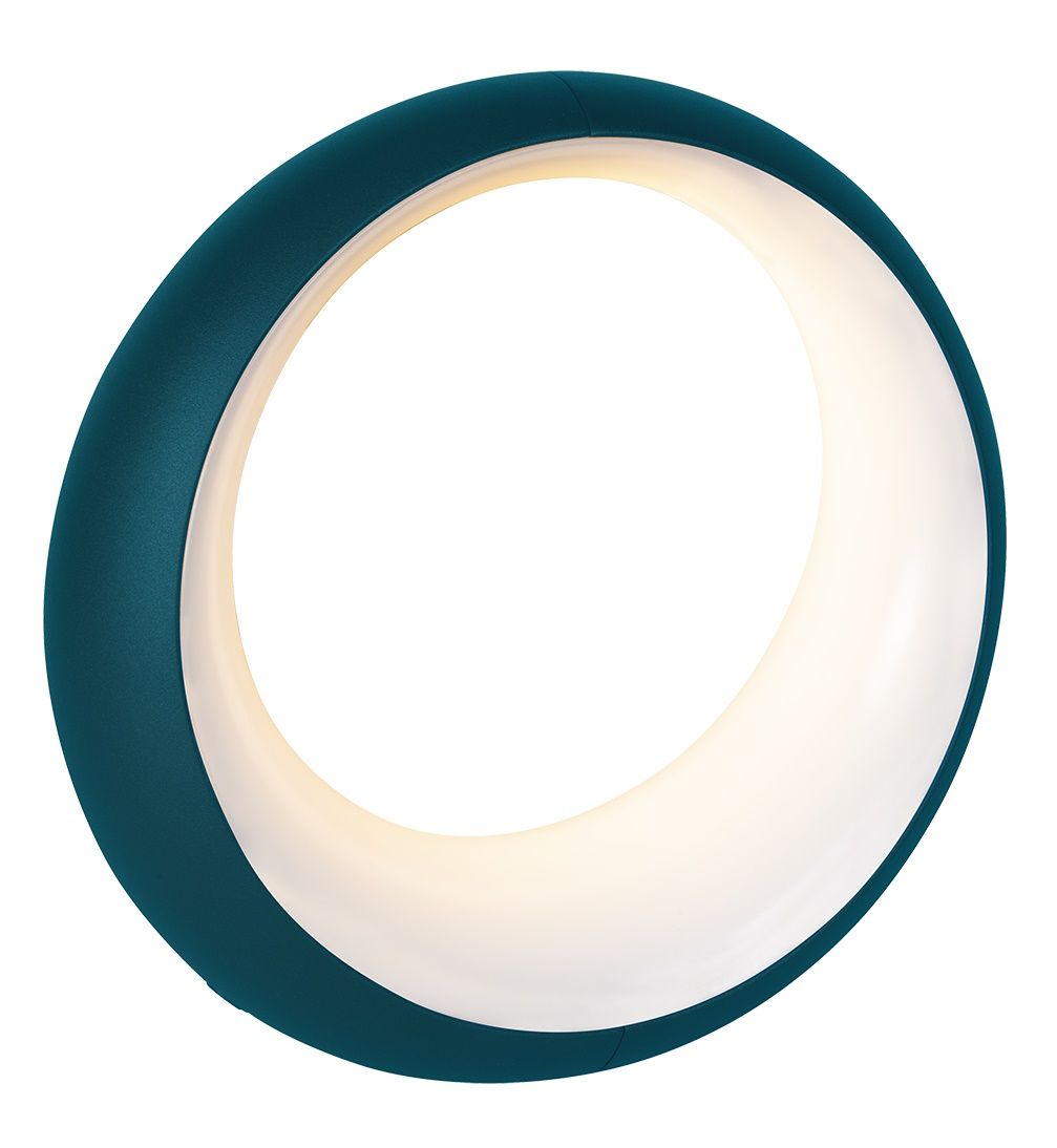 Hoopik Tischleuchte von Fermob, modernes Design mit blauem Rahmen und sanftem, warmweißem Licht für den Innenbereich.