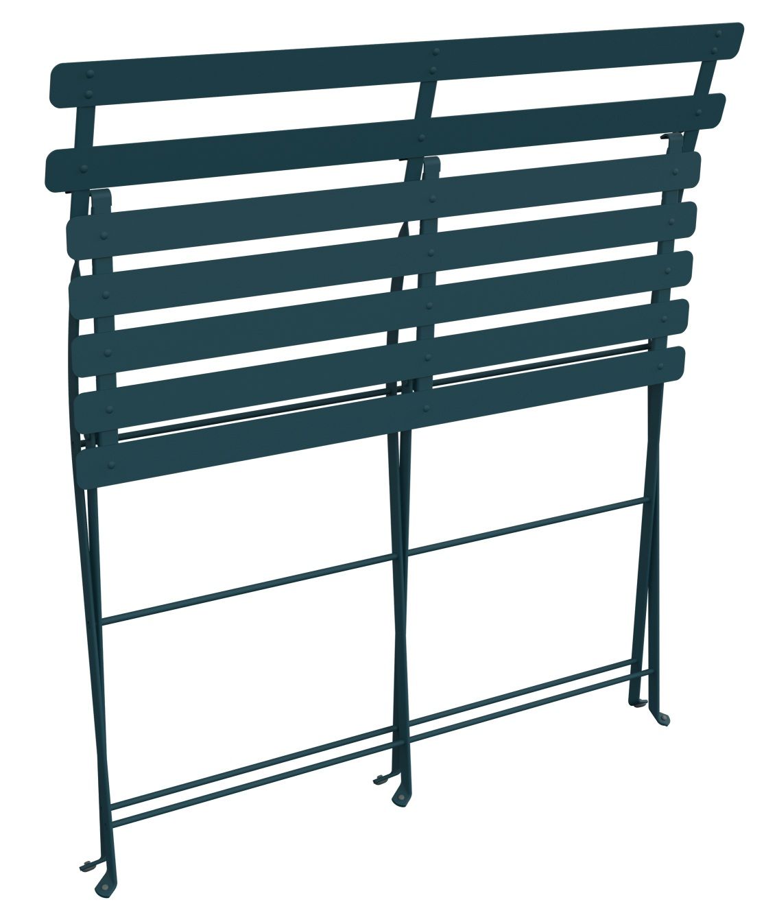Nahaufnahme der Fermob Bistro 2-Sitzer Klappbank in Blau, ideal für Garten, Balkon und Terrasse.