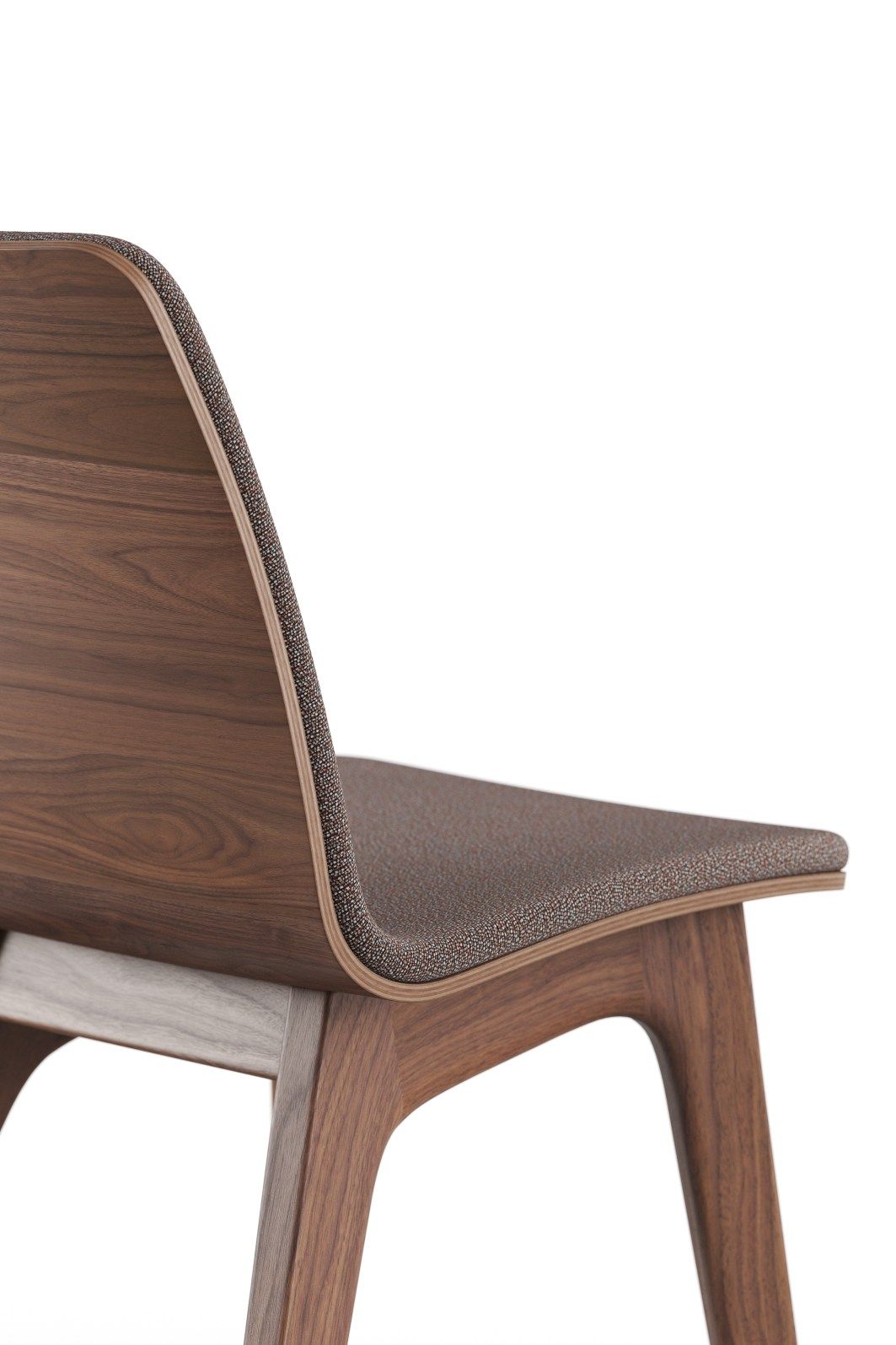 Detailaufnahme des Morph Holzstuhls mit braunem Sitzpolster, modernes Design für Esszimmer und Büro.