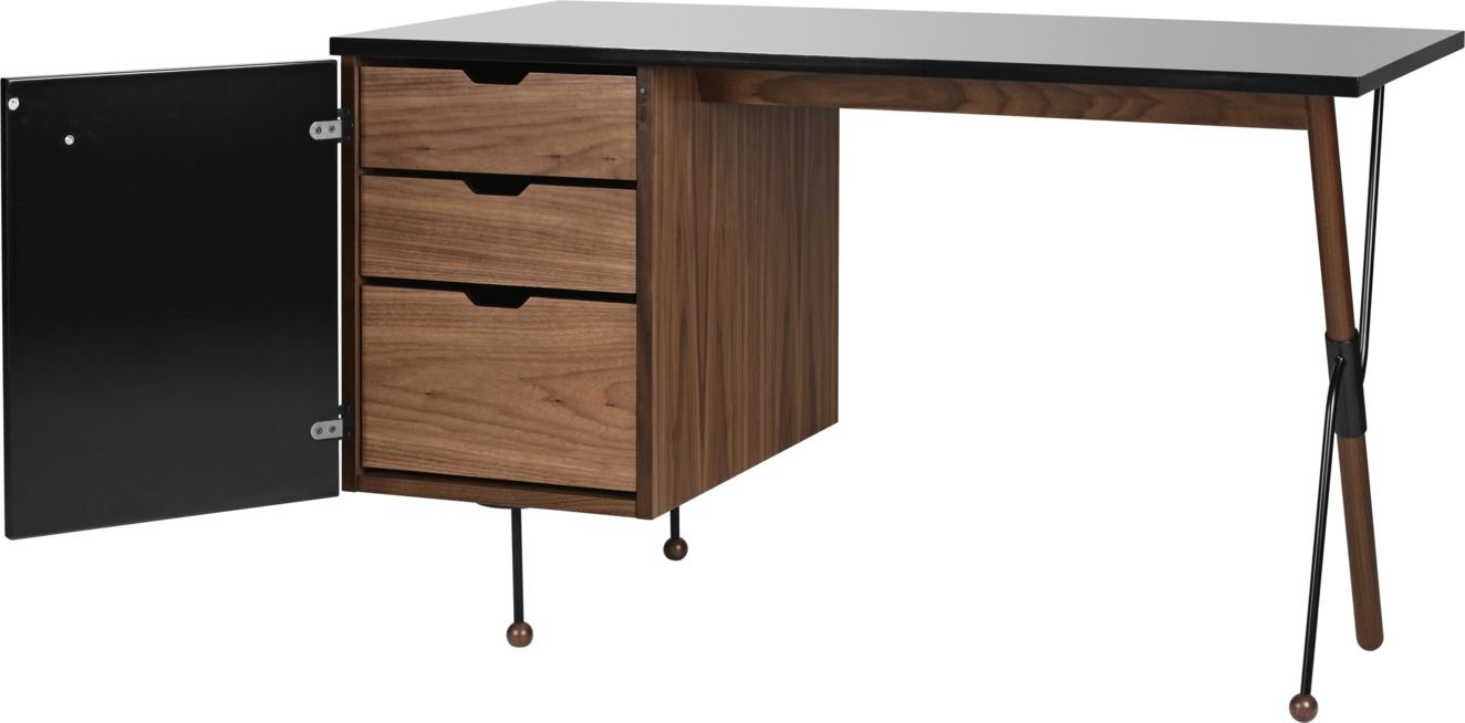 Gubi Schreibtisch 62 Desk mit Schubladen und schwarzer Tischplatte, modernes Design für Büro.