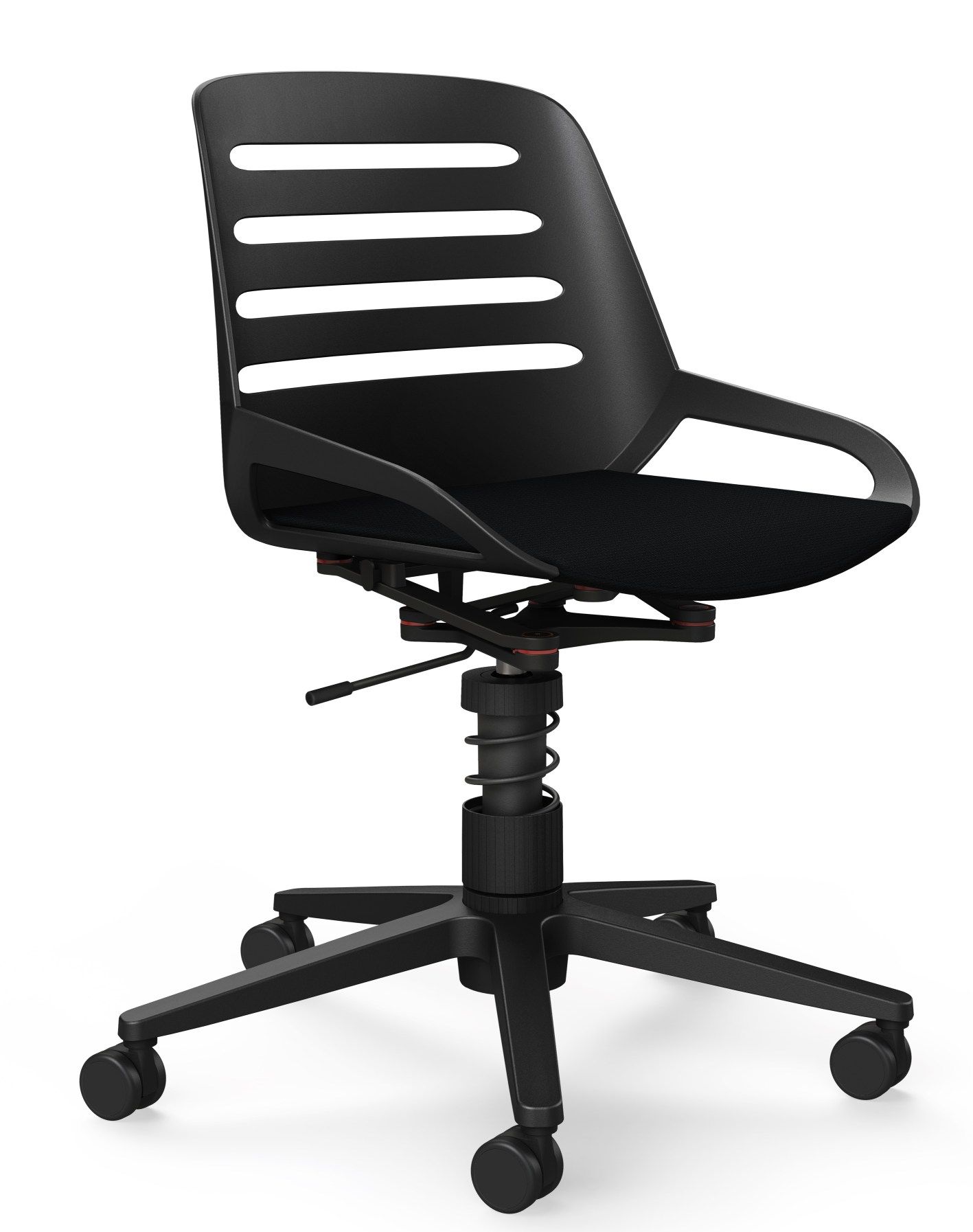 Numo Task Bürodrehstuhl von Aeris in Schwarz mit Rollen und Federbein für ergonomisches Sitzen.