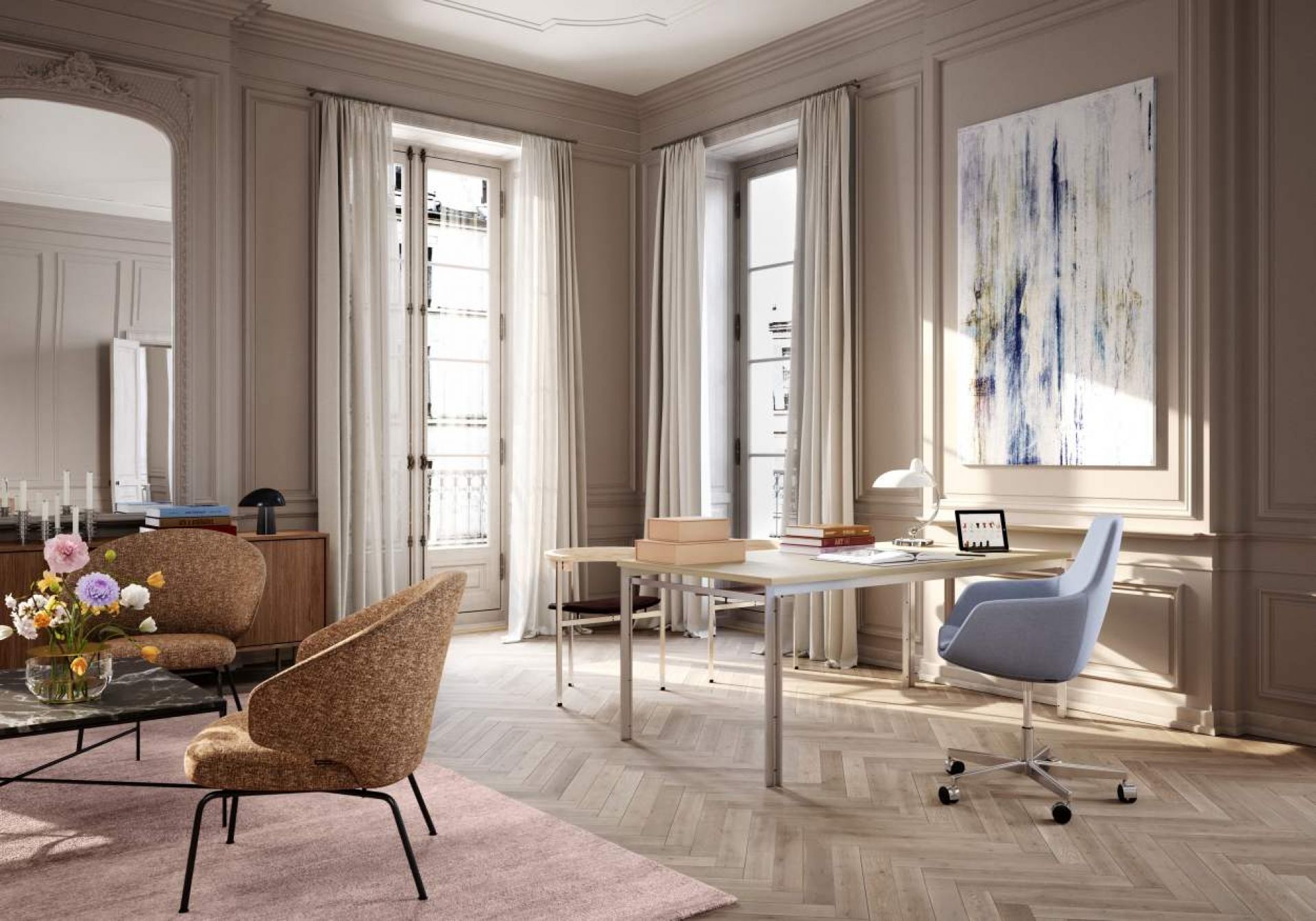 Heller Wohnraum mit Fritz Hansen PK51 Esstisch, Stühlen, Teppich und Kunstwerk an der Wand.