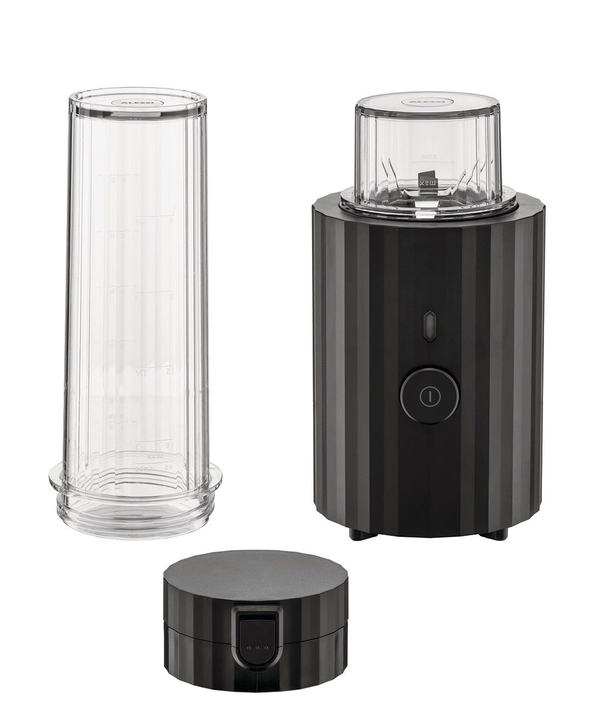 Alessi Plissé Smoothie Maker MDL17 in Schwarz, bestehend aus Behälter, Basis und Deckel.