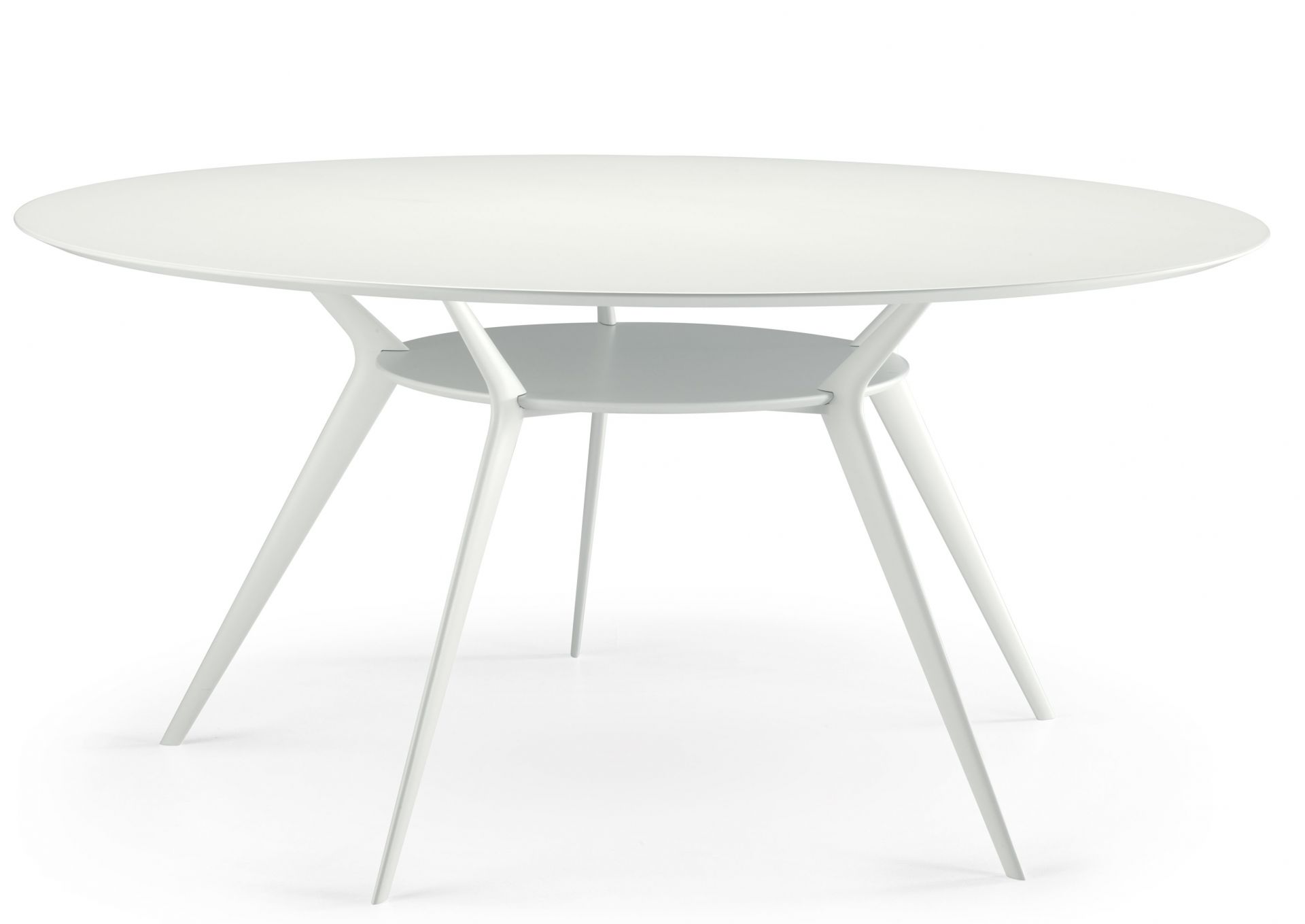 Weißer Biplane Tisch mit runder Tischplatte und drei Beinen, modernes Design für Esszimmer und Küche.
