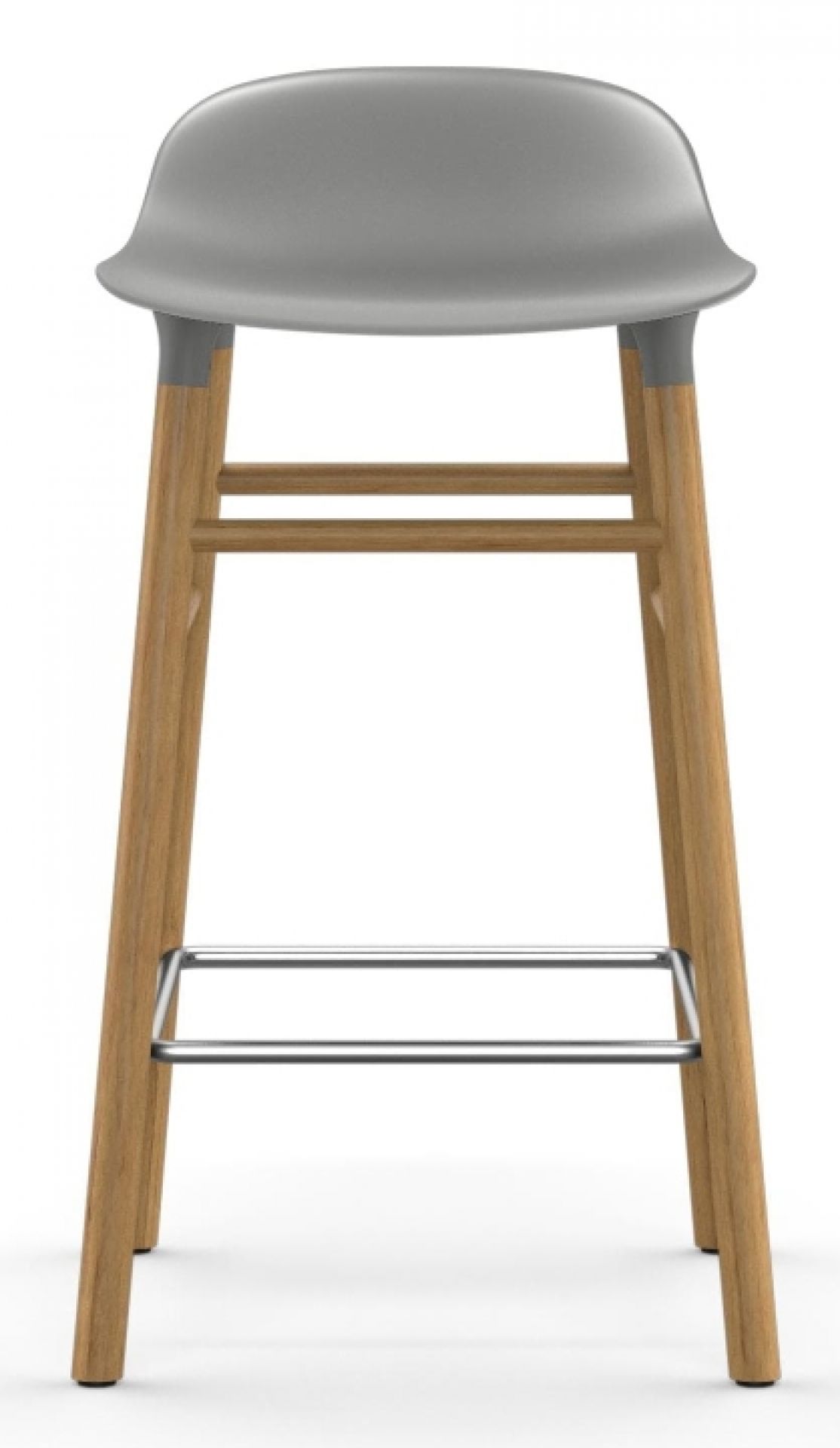 Normann Copenhagen Form Barhocker H 65 cm mit Holzbeinen und grauer Sitzschale, Frontansicht.