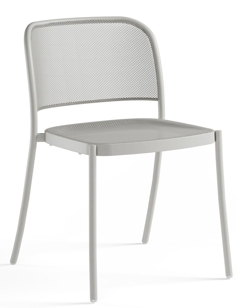 Café Chair Stuhl von Emu für den Außenbereich, hellgrauer Metallstuhl mit Netzstruktur.