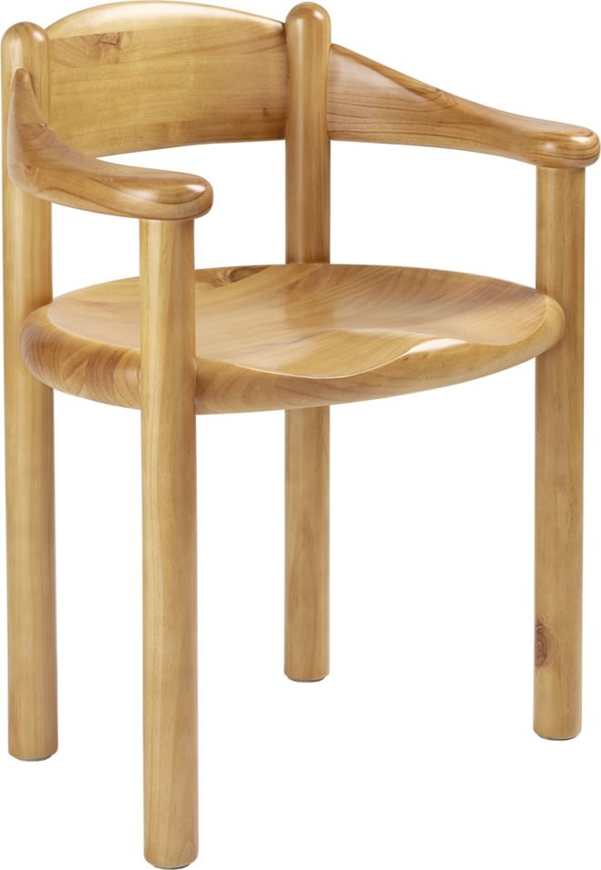 Daumiller Stuhl aus hellem Holz, Gubi Esszimmerstuhl mit Armlehnen und runder Sitzfläche.