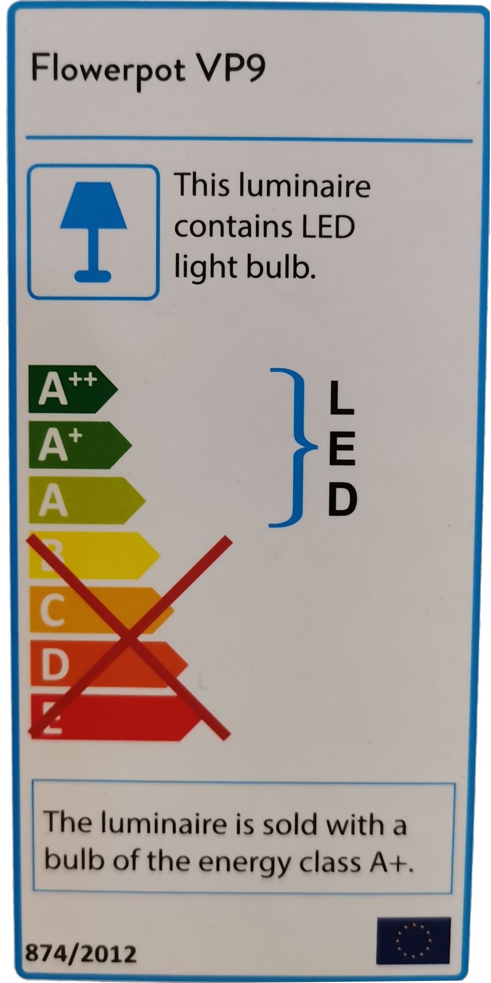 Energieeffizienzlabel der Flowerpot VP9 Akkuleuchte mit LED-Lampe und Energieklasse A+.