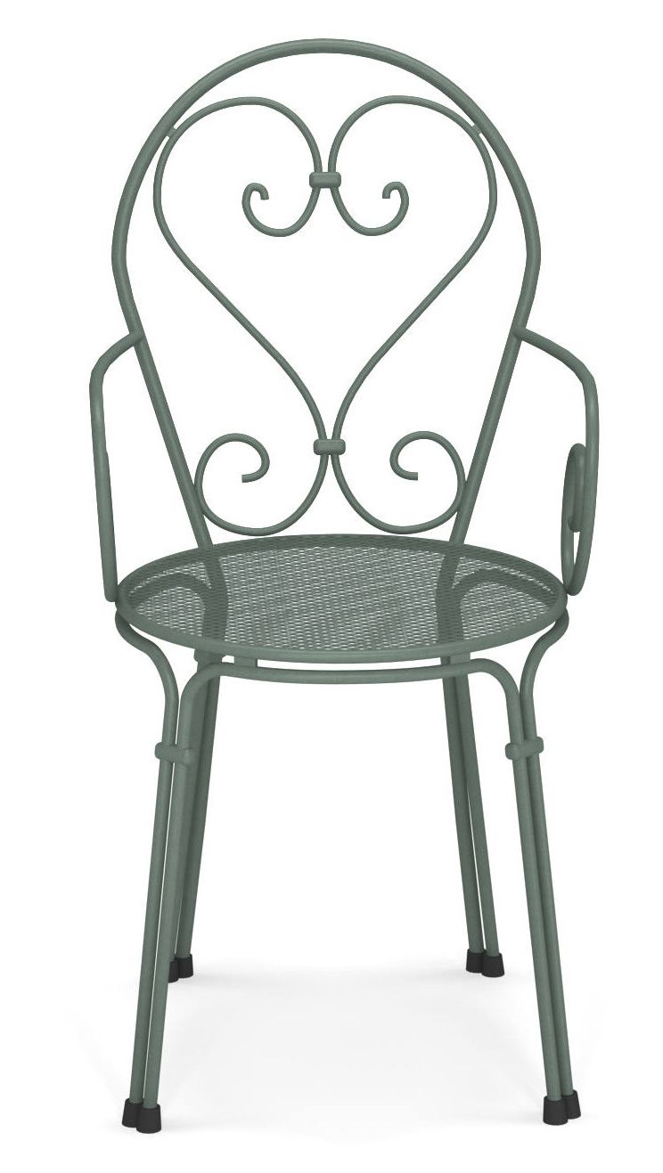 Pigalle Stuhl Outdoor Emu aus Metall, olivgrün, mit geschwungenen Armlehnen und herzförmiger Rückenlehne.