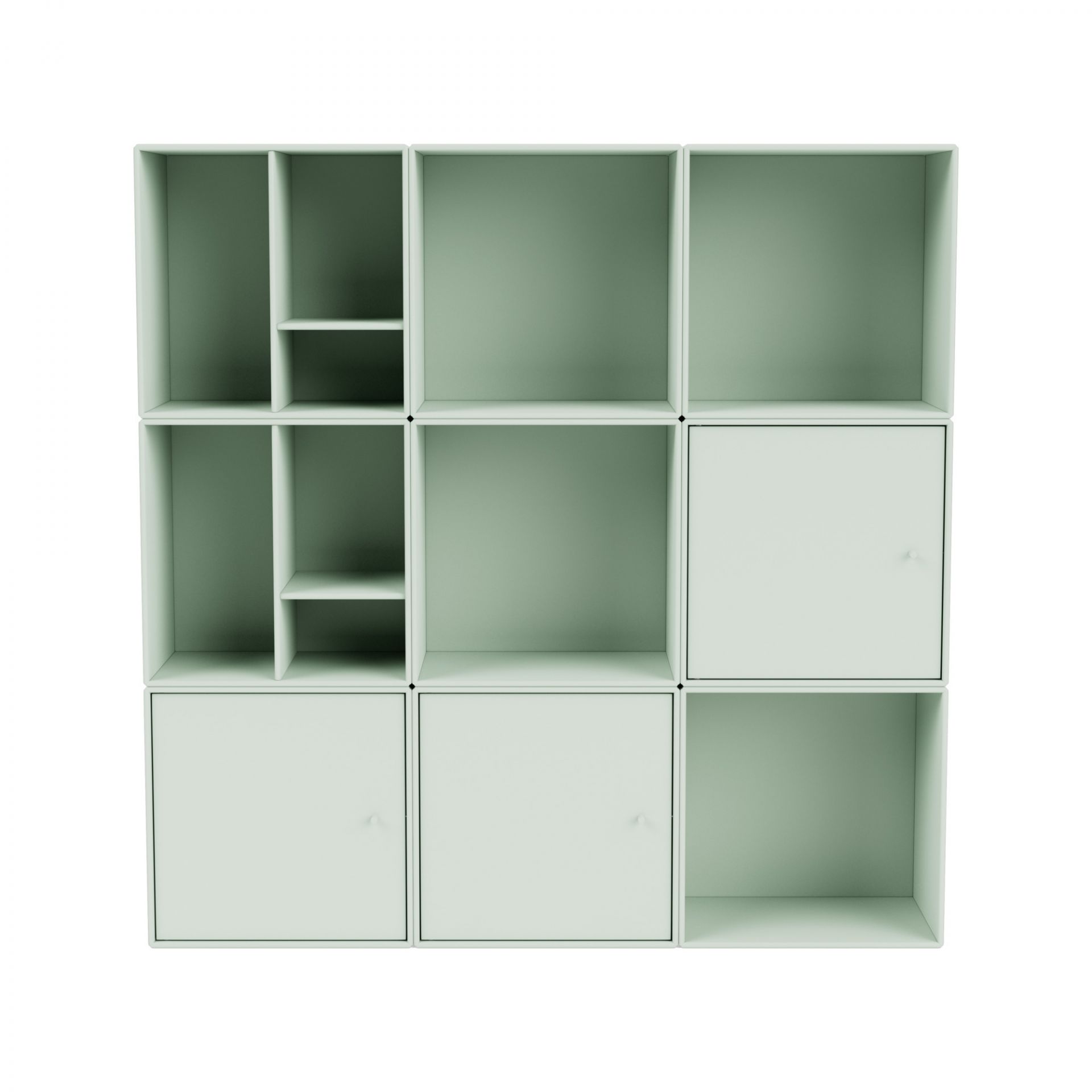 Helles, modulares Montana Mini Regal mit offenen Fächern und Türen für flexible Aufbewahrung.