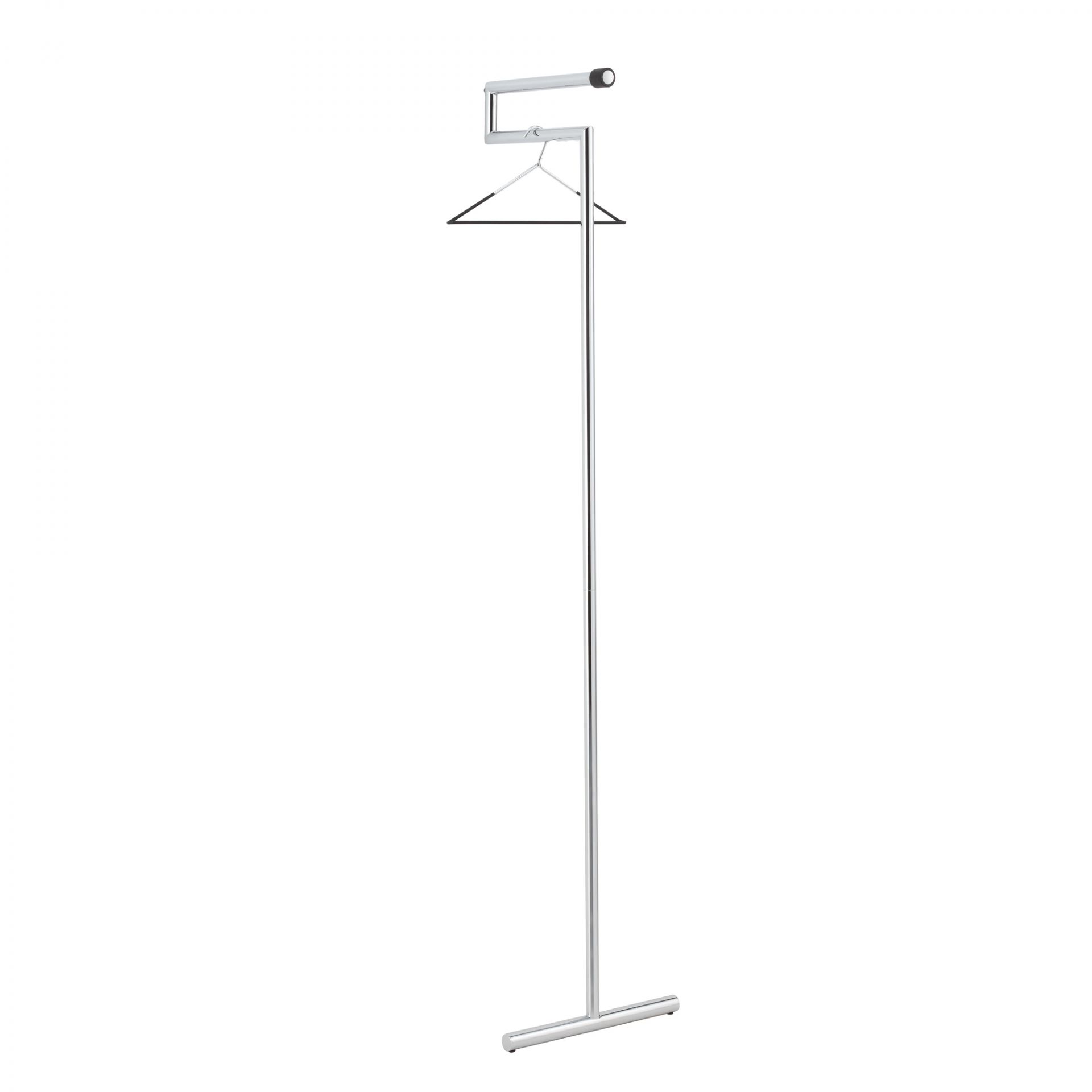 Snap Anlehngarderobe von Mox, chrom matt gebürstet, mit Kleiderbügel. Moderne Garderobenlösung für Flur und Büro.
