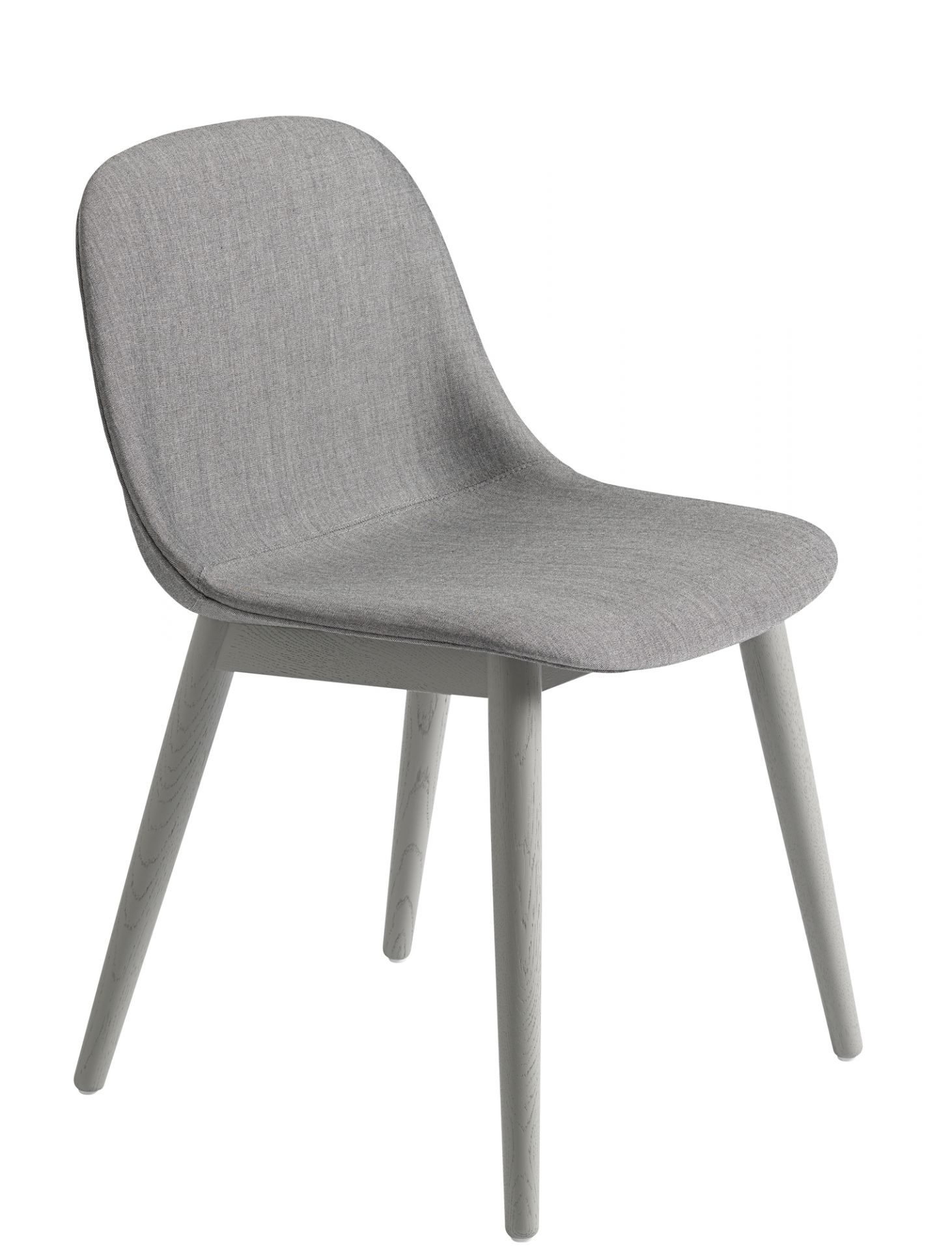 Muuto Fiber Side Chair mit Holzgestell, grauer Stoffbezug, moderner skandinavischer Stuhl für Esszimmer und Wohnbereich.