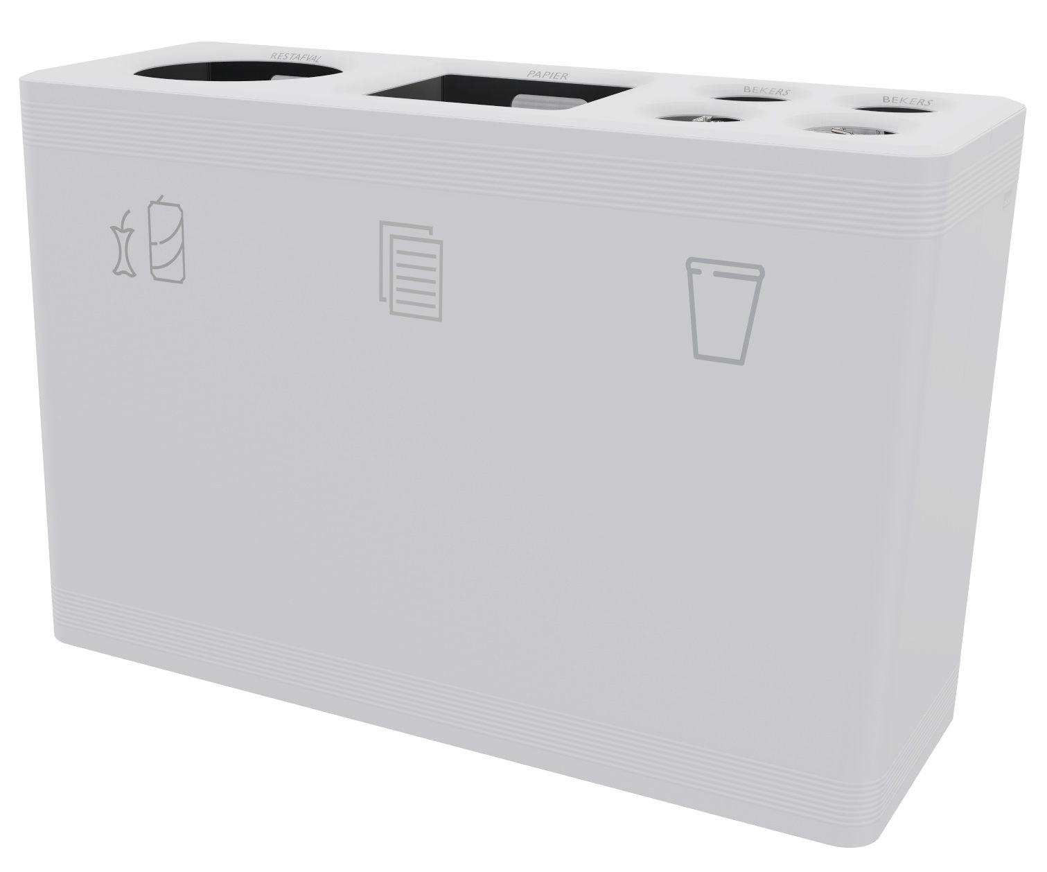 Weißes Ditch Abfalltrennsystem Functionals mit drei Fächern für Restmüll, Papier und Becher, ideal für Büro oder Küche.