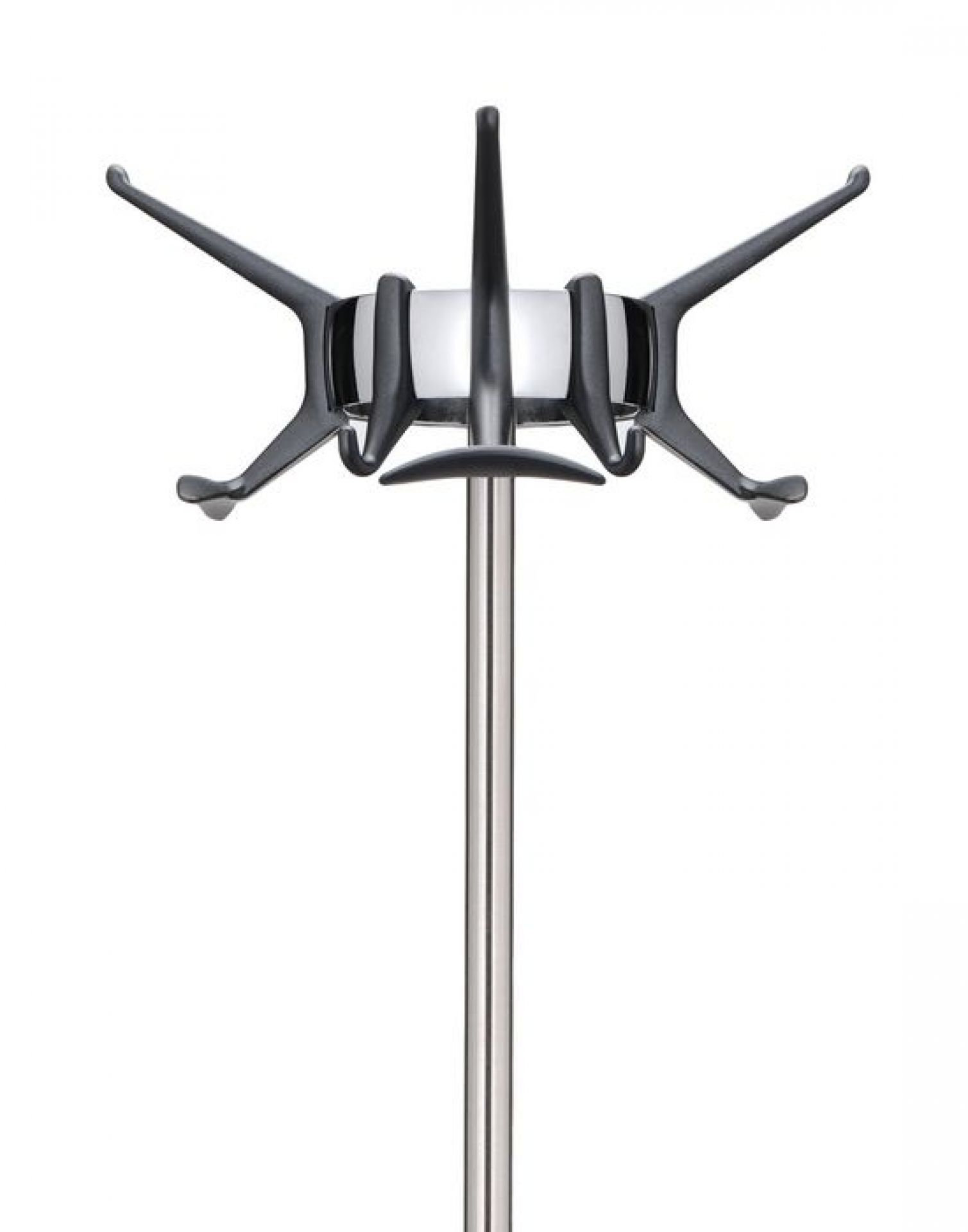 Kartell Hanger Garderobenständer mit silberner Stange und schwarzem, sternförmigem Aufsatz mit mehreren Haken.