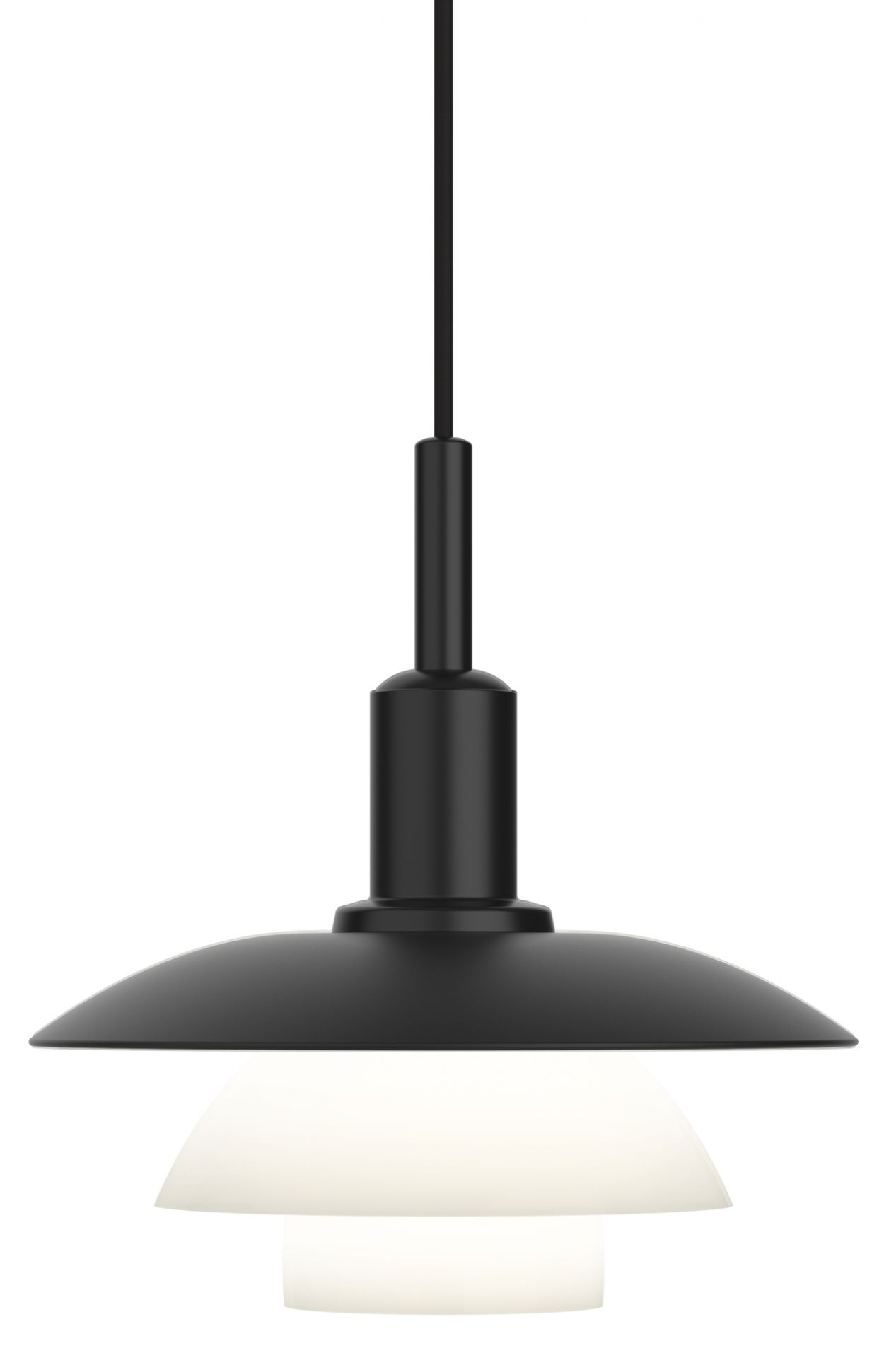 Schwarze PH 5/5 Pendelleuchte von Louis Poulsen, modernes Design für stilvolle Beleuchtung im Wohnraum.