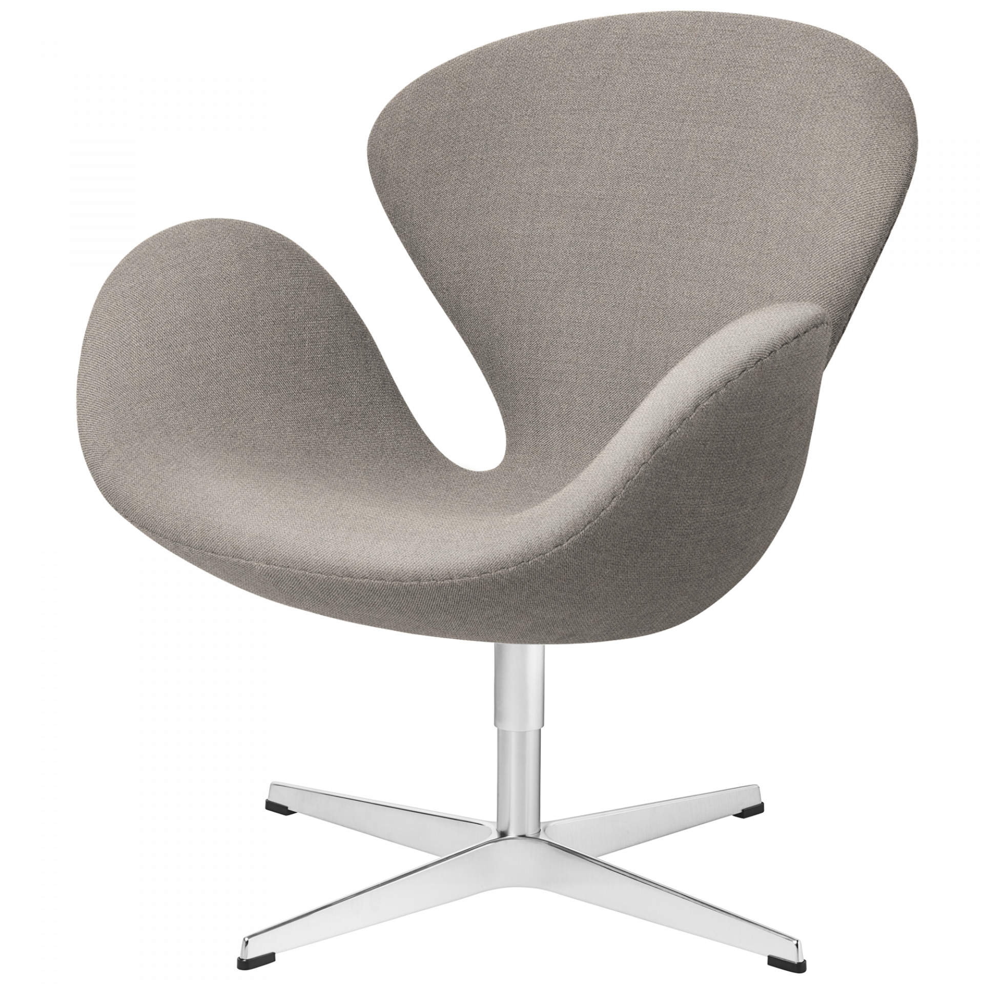 Nahaufnahme des grauen Schwan Sessel von Fritz Hansen mit silbernem Fußkreuz auf schwarzem Hintergrund.