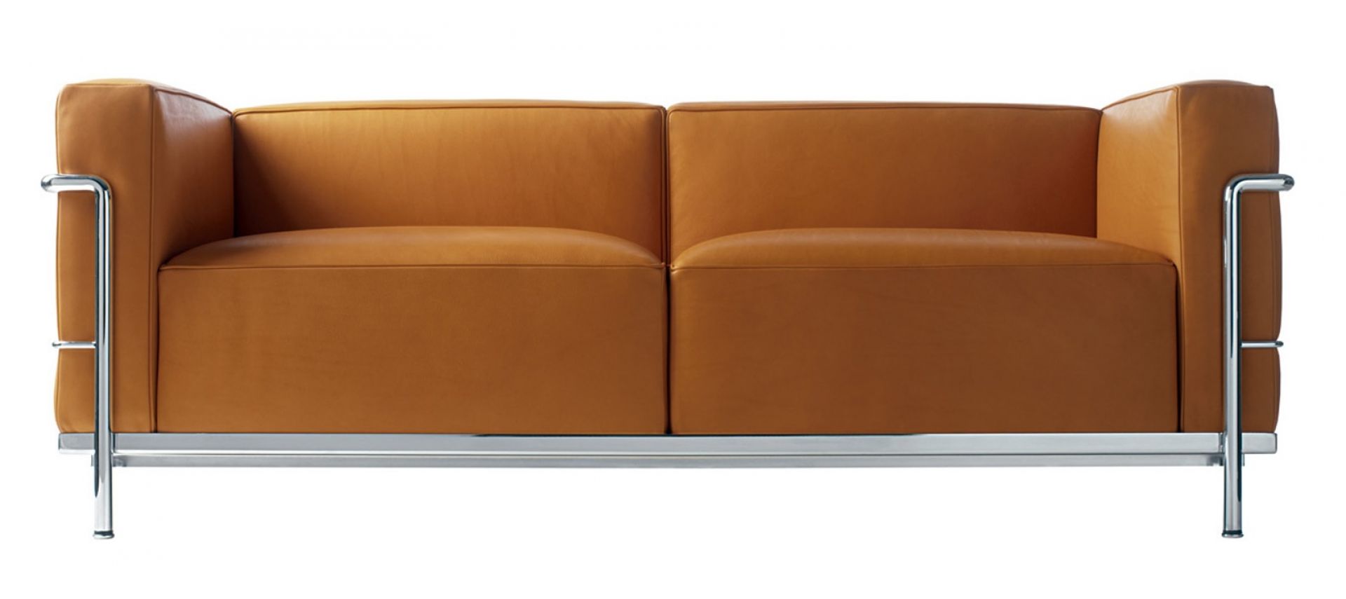 Braunes Cassina Sofa, Modell Grand Confort, Zweisitzer mit verchromtem Stahlrohrgestell. Modernes Designmöbel.